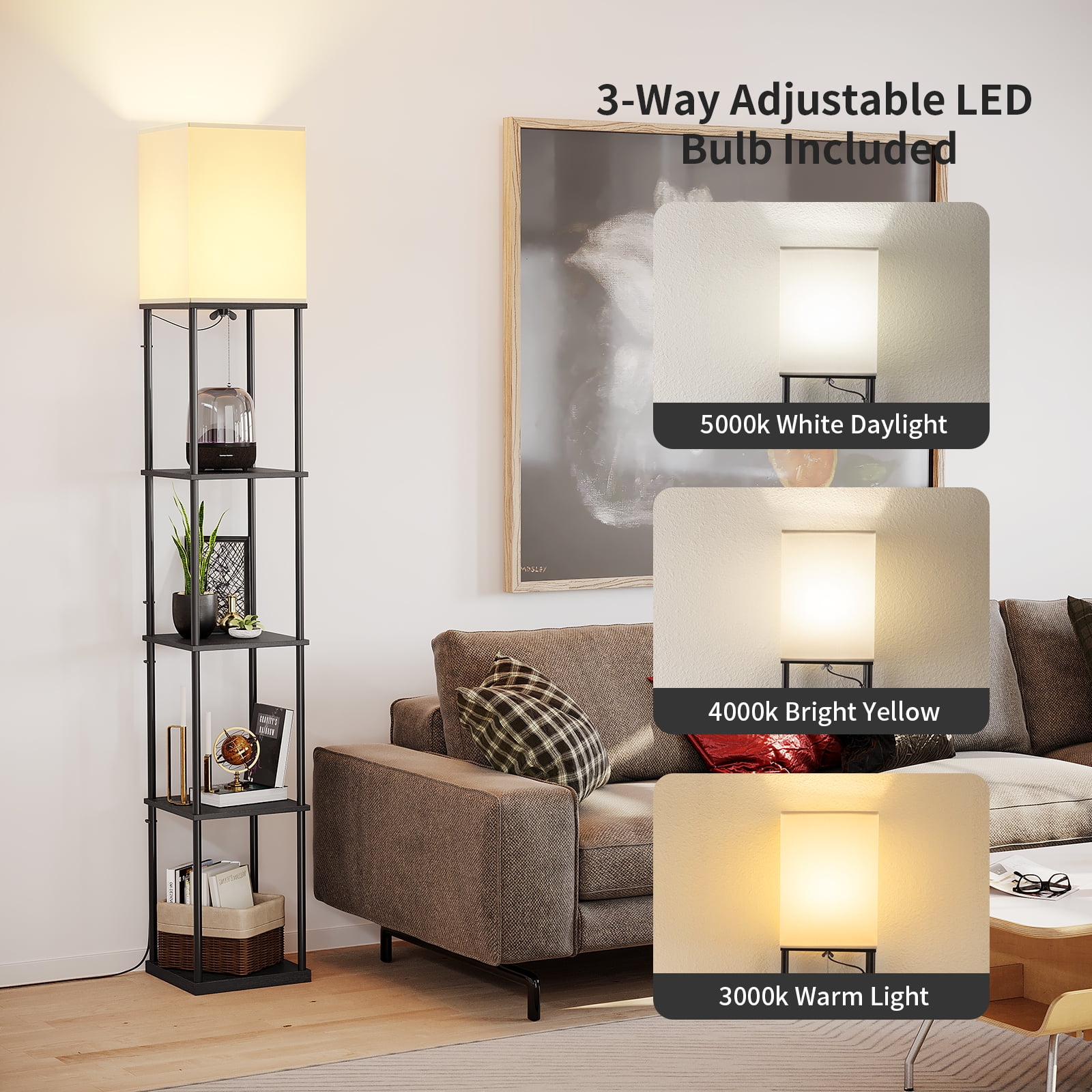 AOHAO 63" Modern Durable Black MDF Floor Lamp with Beige Square Shade - Image 2