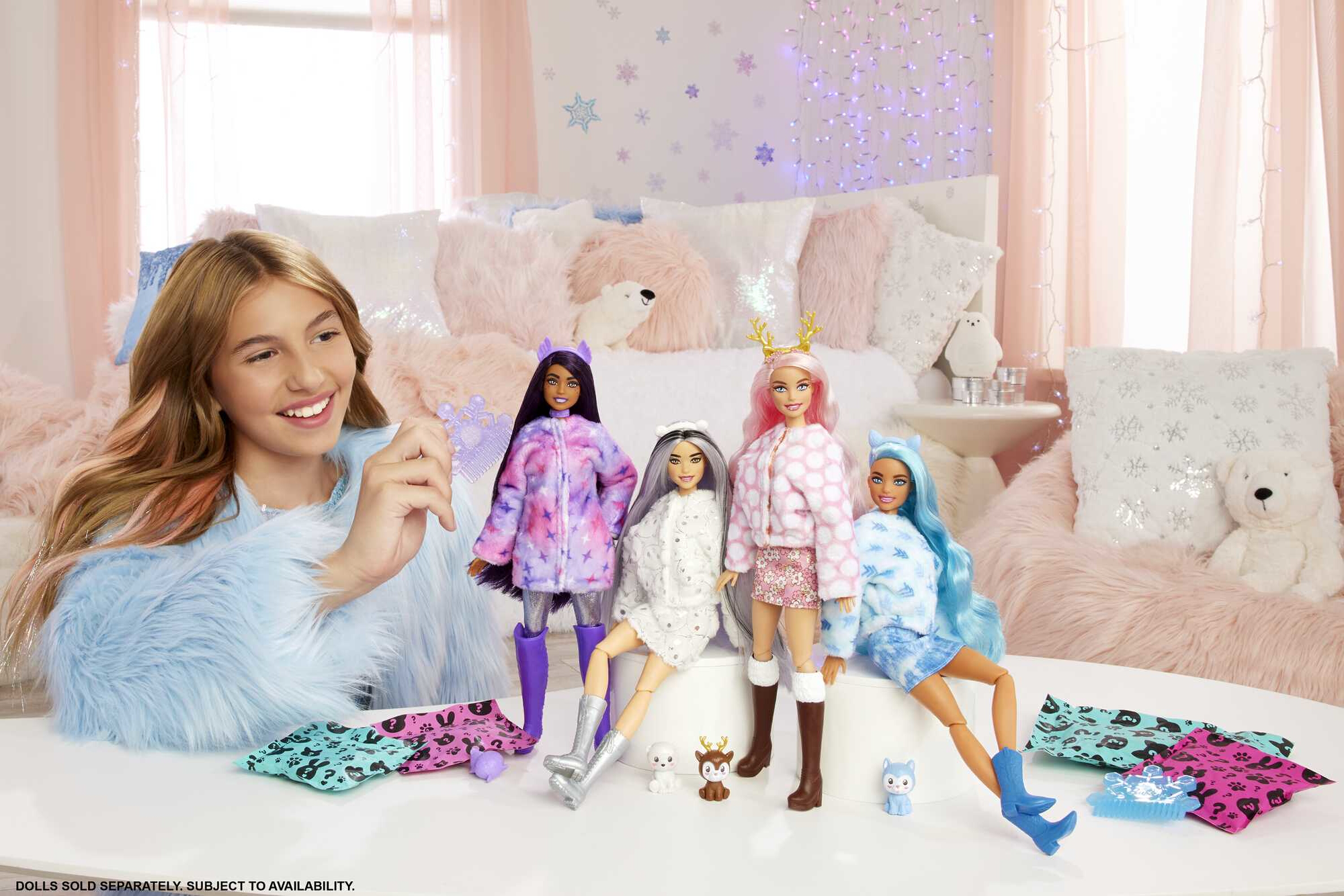 Barbie Cutie Reveal Snowflake Sparkle Fashion Doll with Husky Plush Costume, Mini Pet & Accessories - Image 5