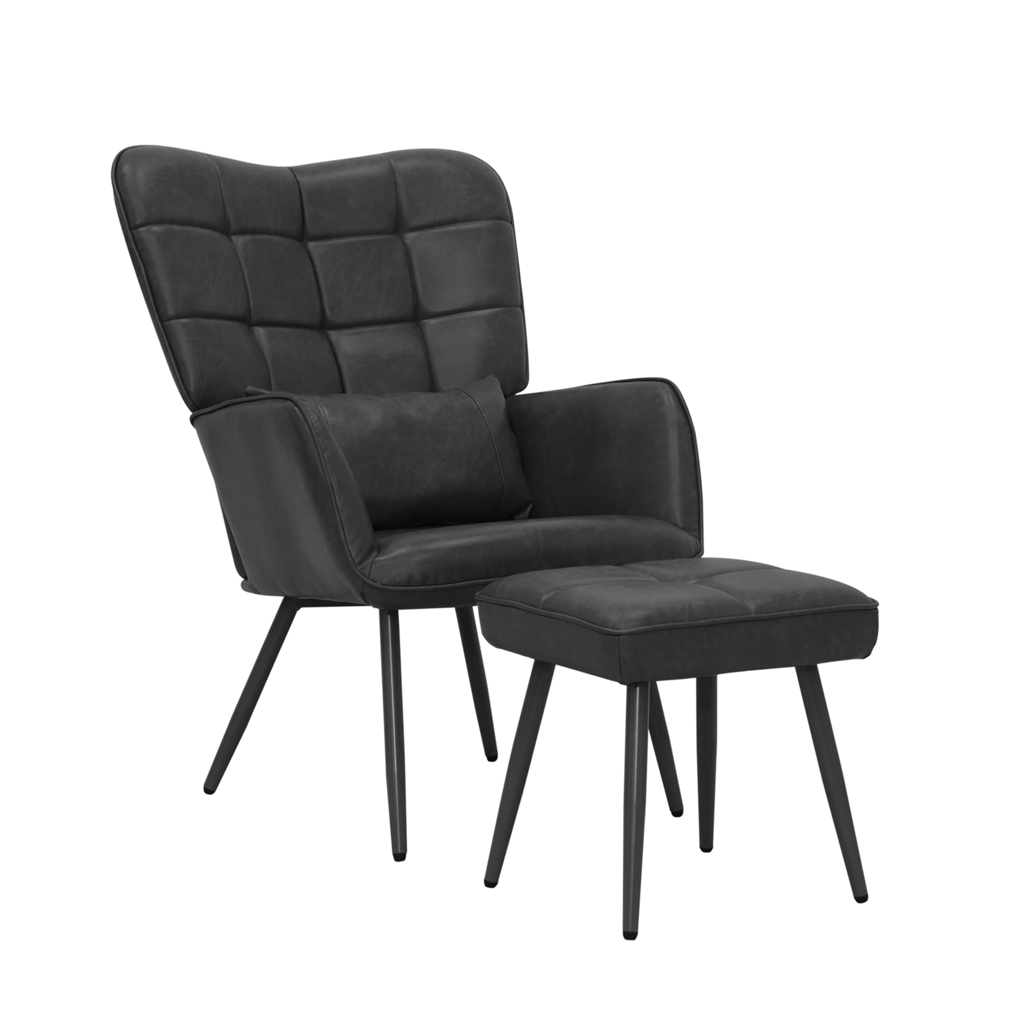 Abble Faux Leather Accent Chair with Ottoman and Toss Pillow for Living Room, Bed Room, Black - Image 3