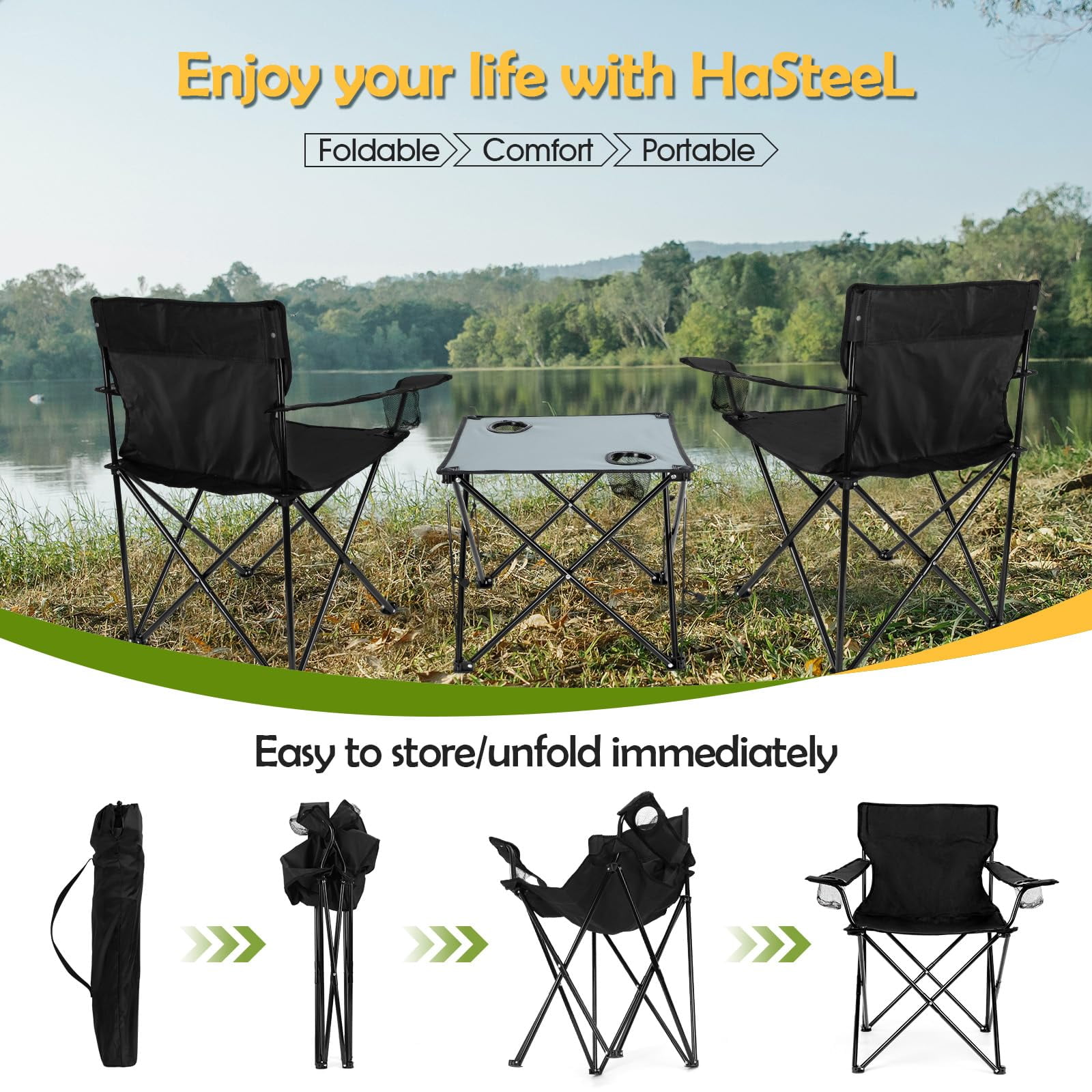 Walchoice Folding Camping Chair Set of 3, Oversized Lawn Chair for Adults, Portable Camp Chairs & Grey Table for Outdoor Fishing Hiking Beach Picnic, Carrying Bag, Black - Image 3