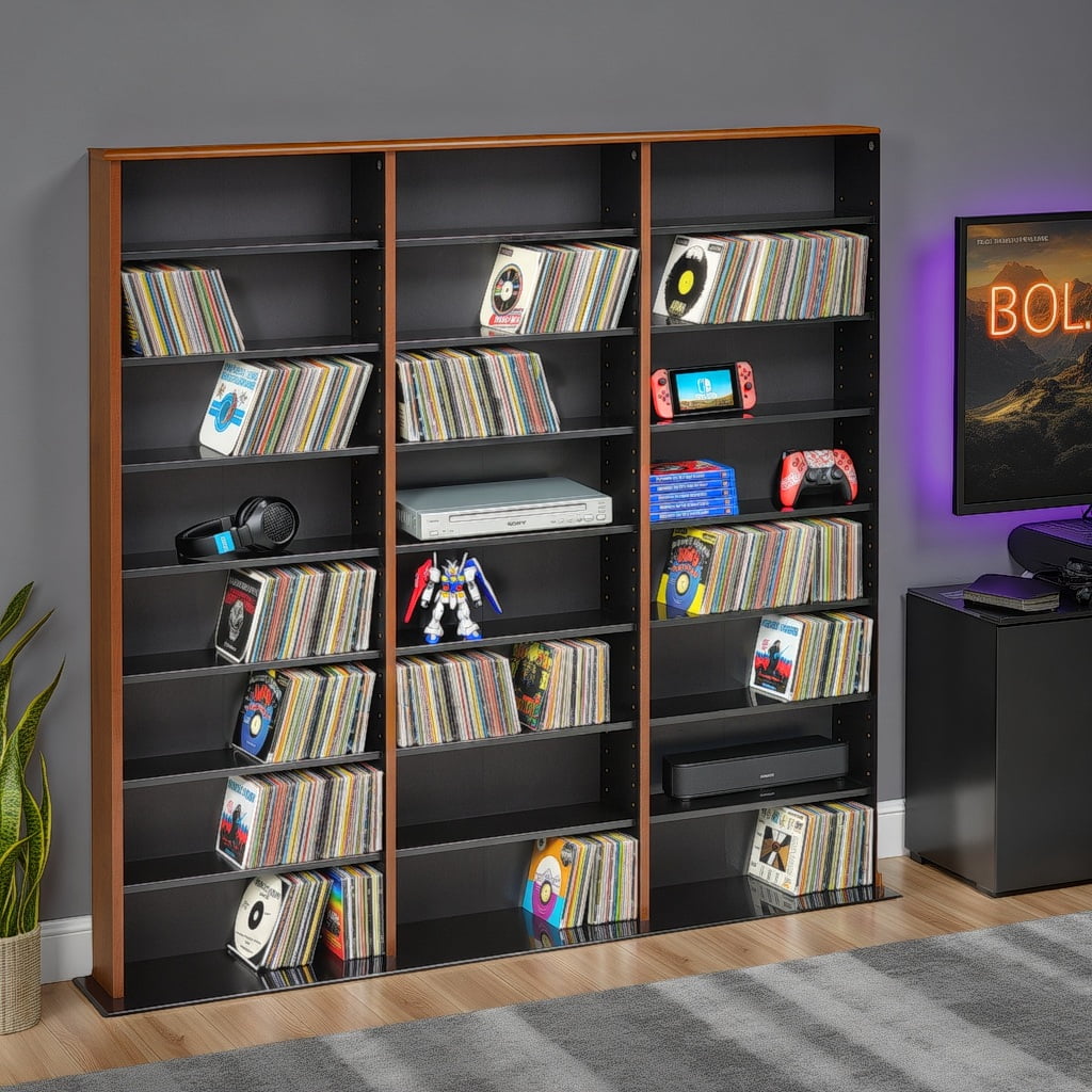 Prepac Triple Width Multimedia Wall Storage, Cherry and Black - Image 10