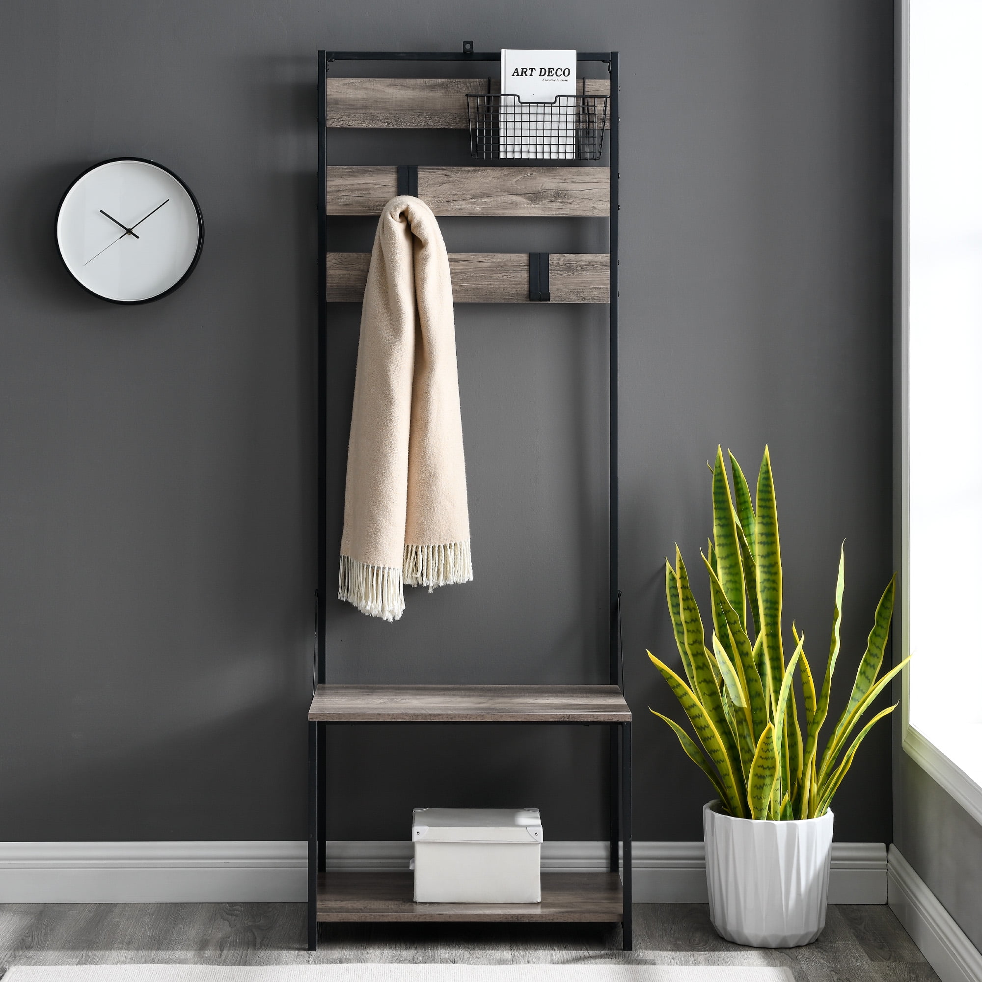 Manor Park Slat Hall Tree with Adjustable Storage, Grey Wash - Image 3