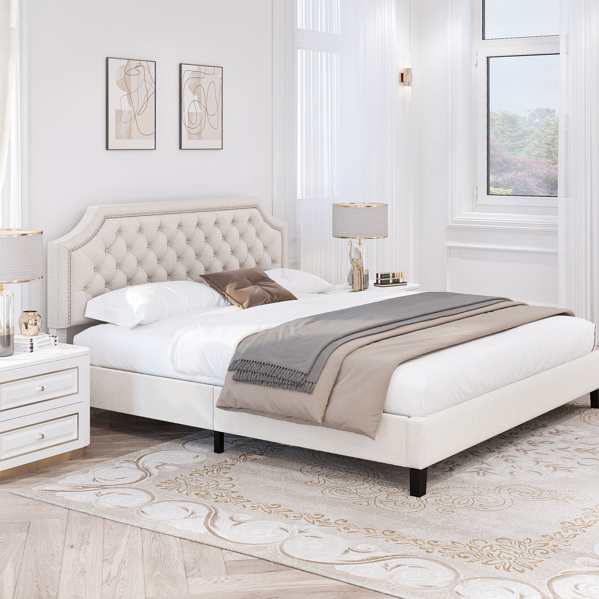 Dextrus King Size Platform Bed Frame with Tufted Upholstered Headboard, Beige - Image 8