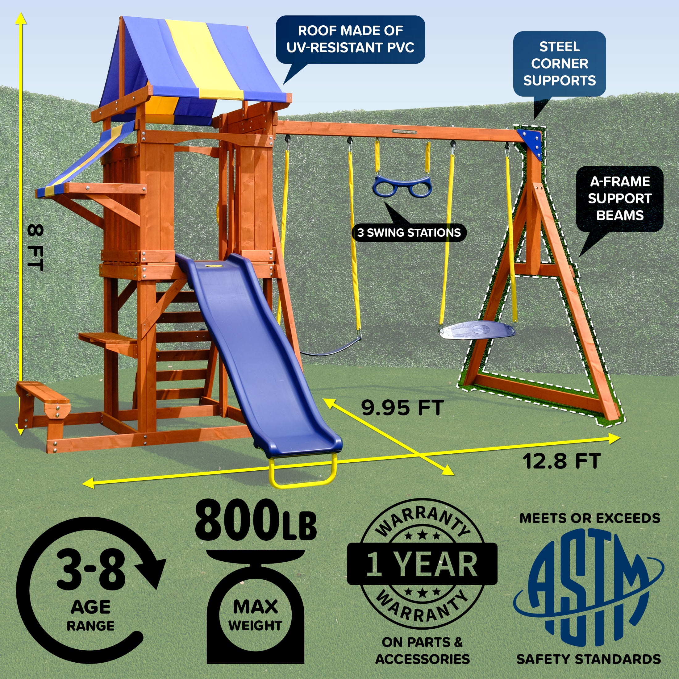 Sportspower Sunnyslope Wooden Swing Set with Play Fort, Trapeze, 6' Double Wall Slide with Lifetime Warranty, & Bonus Anchor Kit - Image 8