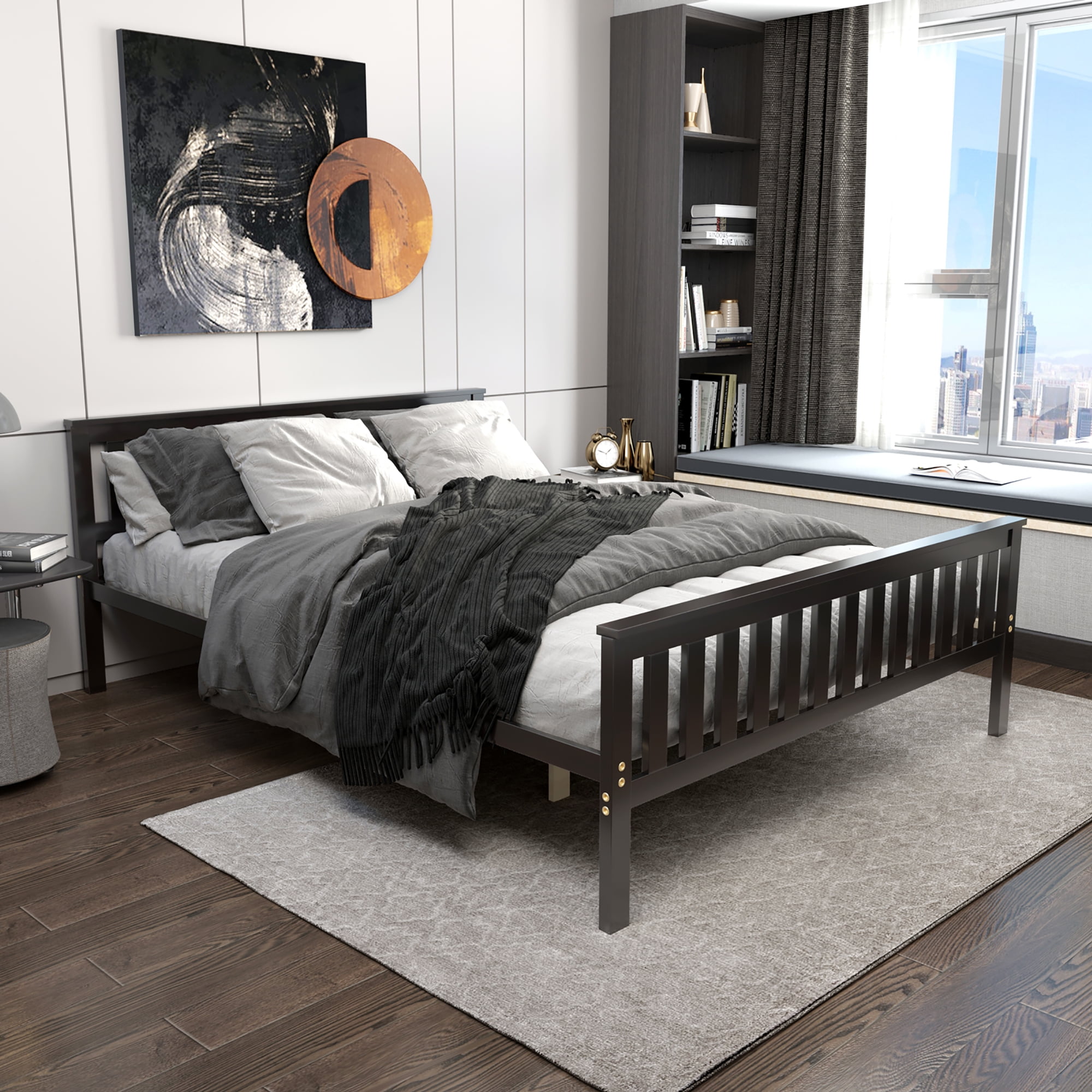 Costway Queen Wood Platform Bed with Headboard and Footboard Mattress Foundation - Image 10