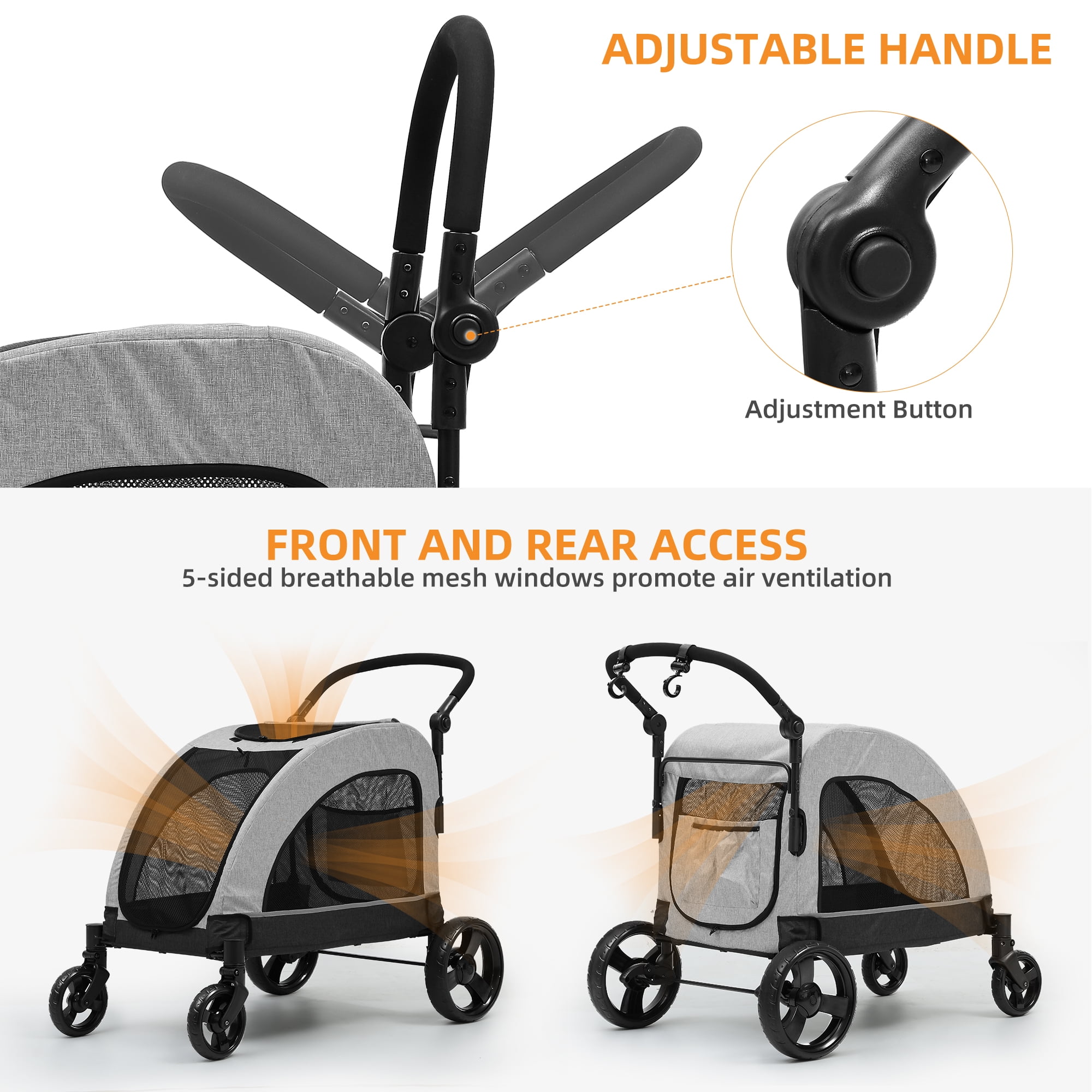 Uforic Foldable Dog Stroller, 4-Wheel Pet Stroller with Dual-Entry, Adjustable Handle for Large Dogs, Outdoor Adventure Pet Carrier Jogging Stroller, Gray - Image 5