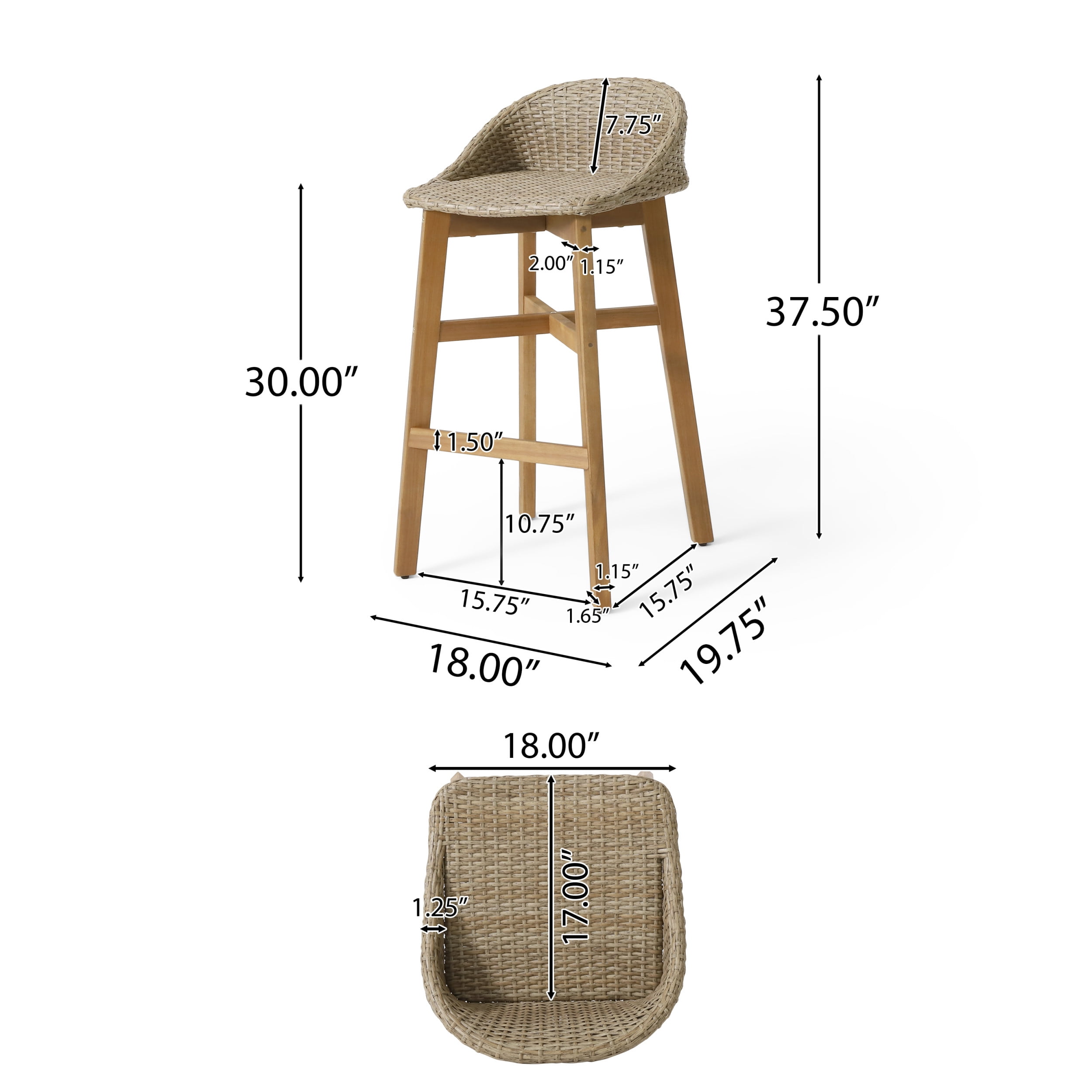 Borah Wicker and Acacia Wood Outdoor Barstools, Set of 2, Light Multibrown and Teak - Image 9