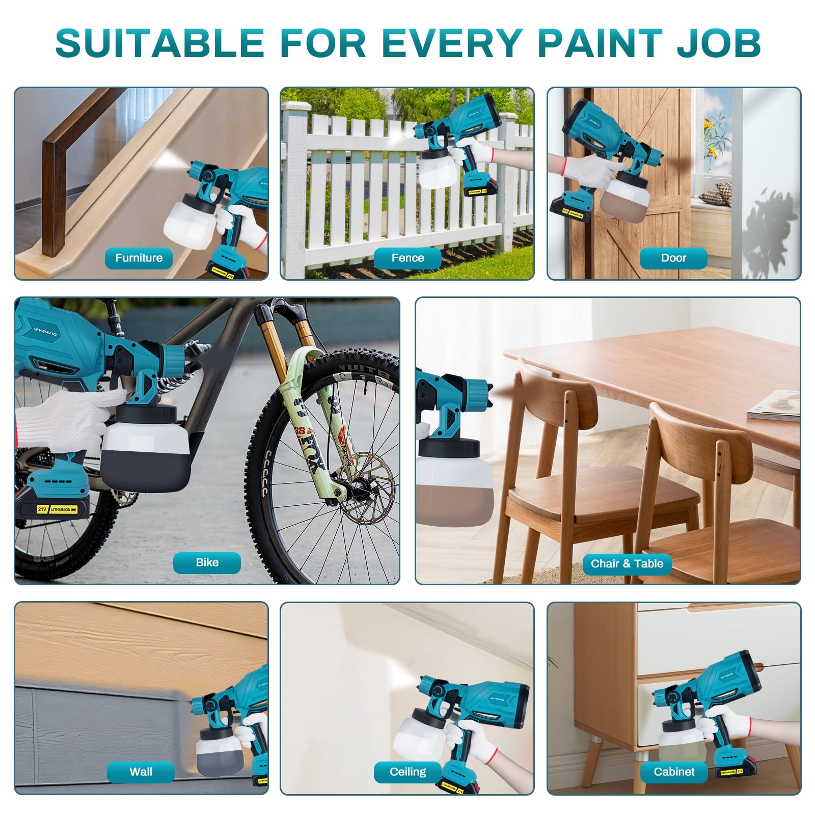 WYRAVIO Cordless Paint Sprayer, Electric HVLP Powerful Spray Gun with 3 Spray Patterns and Adjustable Valve Knob for Painting Ceiling, Fence, Cabinets, Walls - Image 3