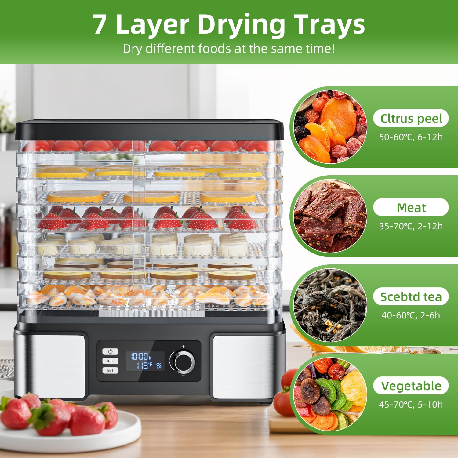 FOUKUS 7-Tray Food Dehydrator Machine: 400W Electric Food Dryer for Jerky, Fruits, Vegetables, Dog Treats, Herbs, Snacks - Adjustable Temperature & 24H Timer, LCD Display, Silicone Tongs Included - Image 3