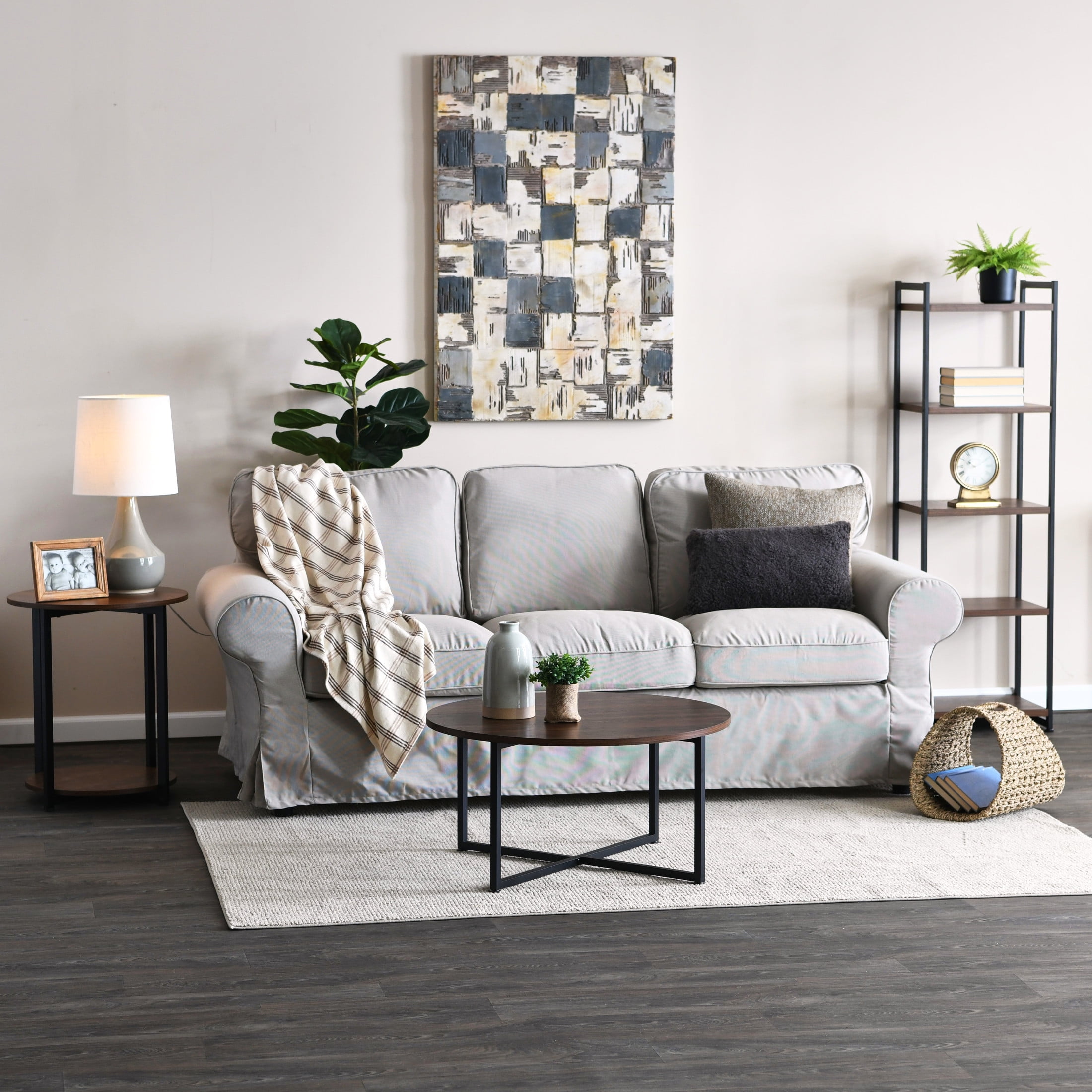 Household Essentials Jamestown Round Coffee Table Mid Century Walnut Wood Grain and Black Metal - Image 6