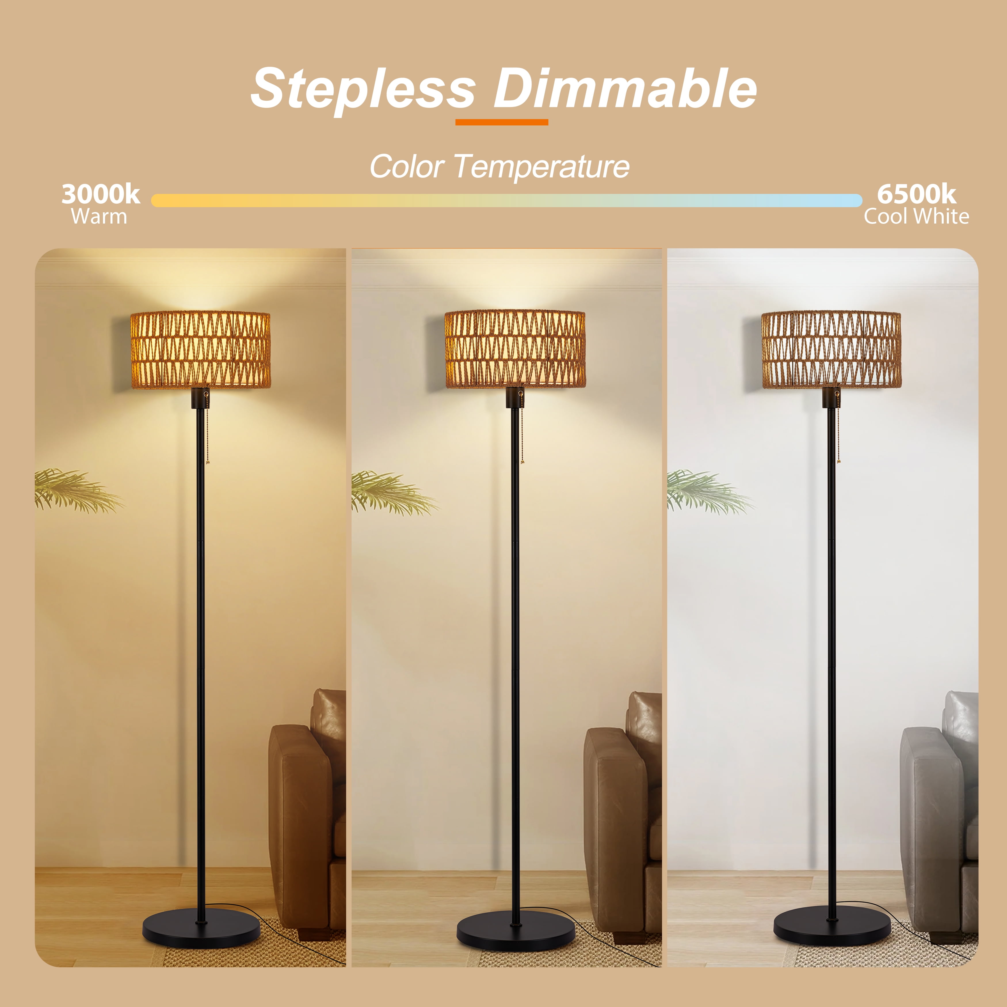 Rattan Floor Lamps for Living Room, Rattan Boho Floor Lamp, Black Metal Floor Lamp with Bulb, Rattan Fabric Double Shades, Farmhouse Rustic Floor Lamp, Standing Lamp for Living Room Bedroom Office - Image 3