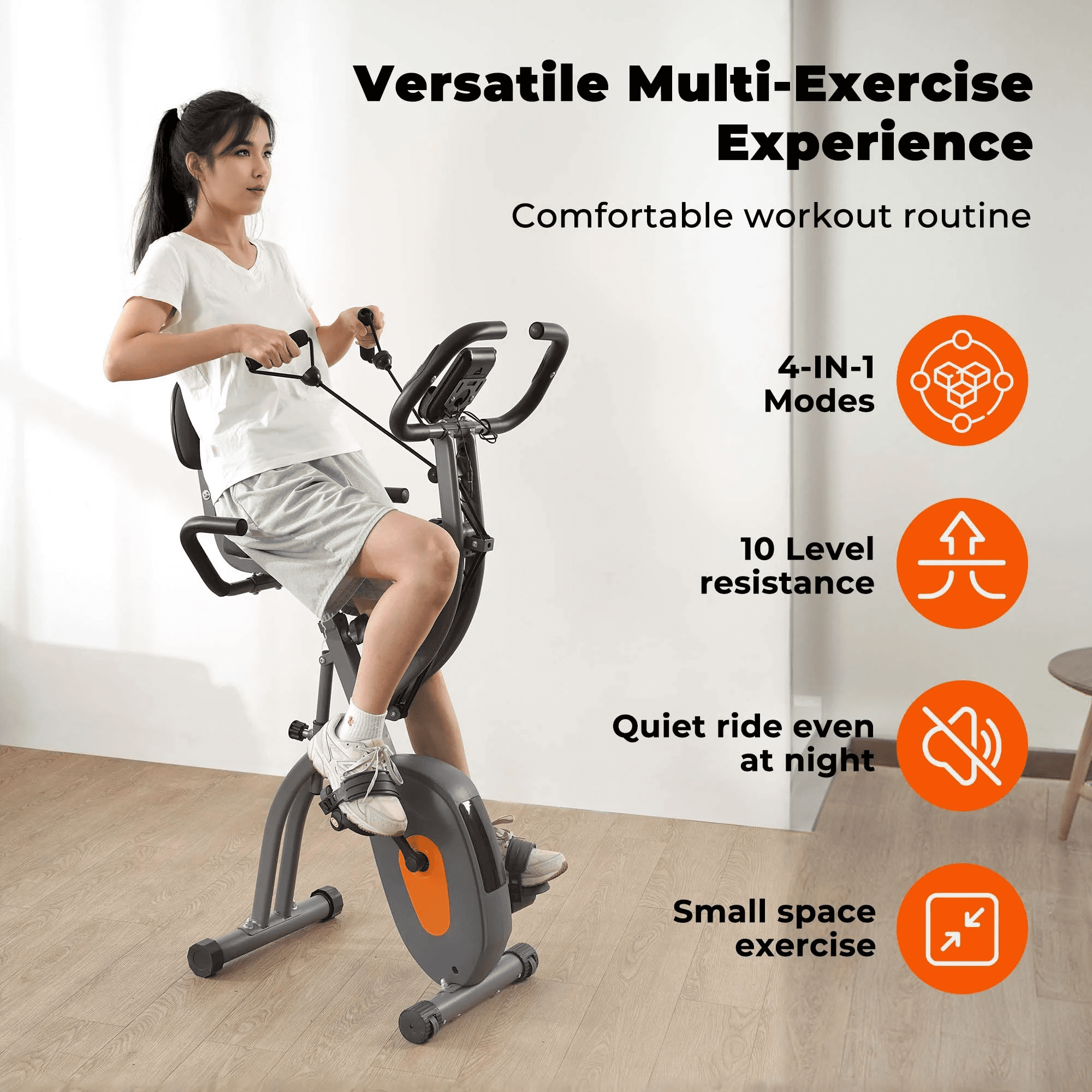 Naipo Folding Exercise Bike 4 in 1 Magnetic Stationary Recumbent Bike 10 Level Resistance for Home Use with Arm Resistance Bands - Image 4