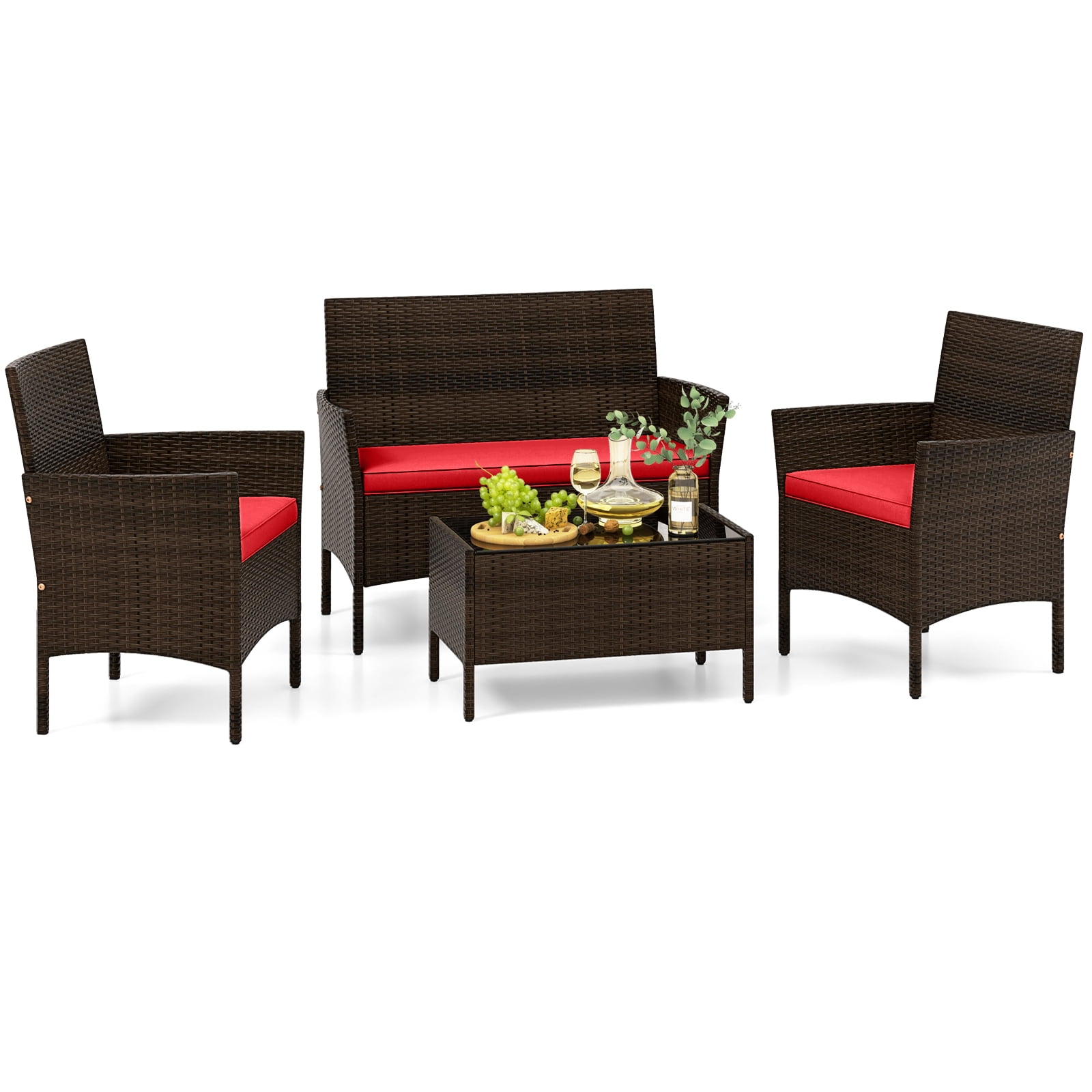 Gymax 4PCS Outdoor Furniture Set Patio Rattan Conversation Set w/ Red Cushion - Image 10