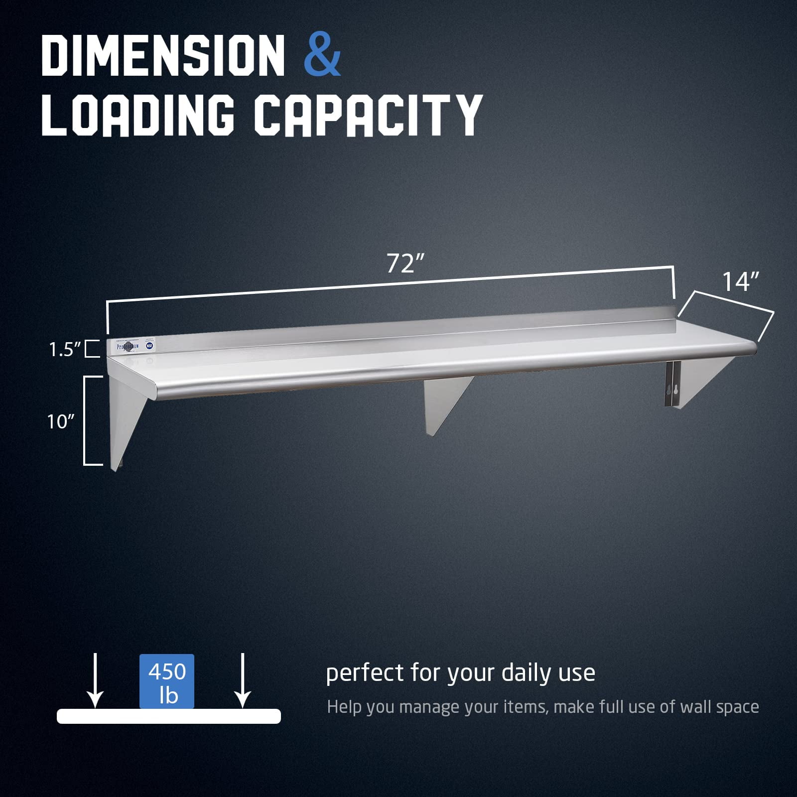 Profeeshaw 14" x 72" 450 lb Commercial NSF Stainless Steel Shelf Wall Mount Floating Shelving - Image 5