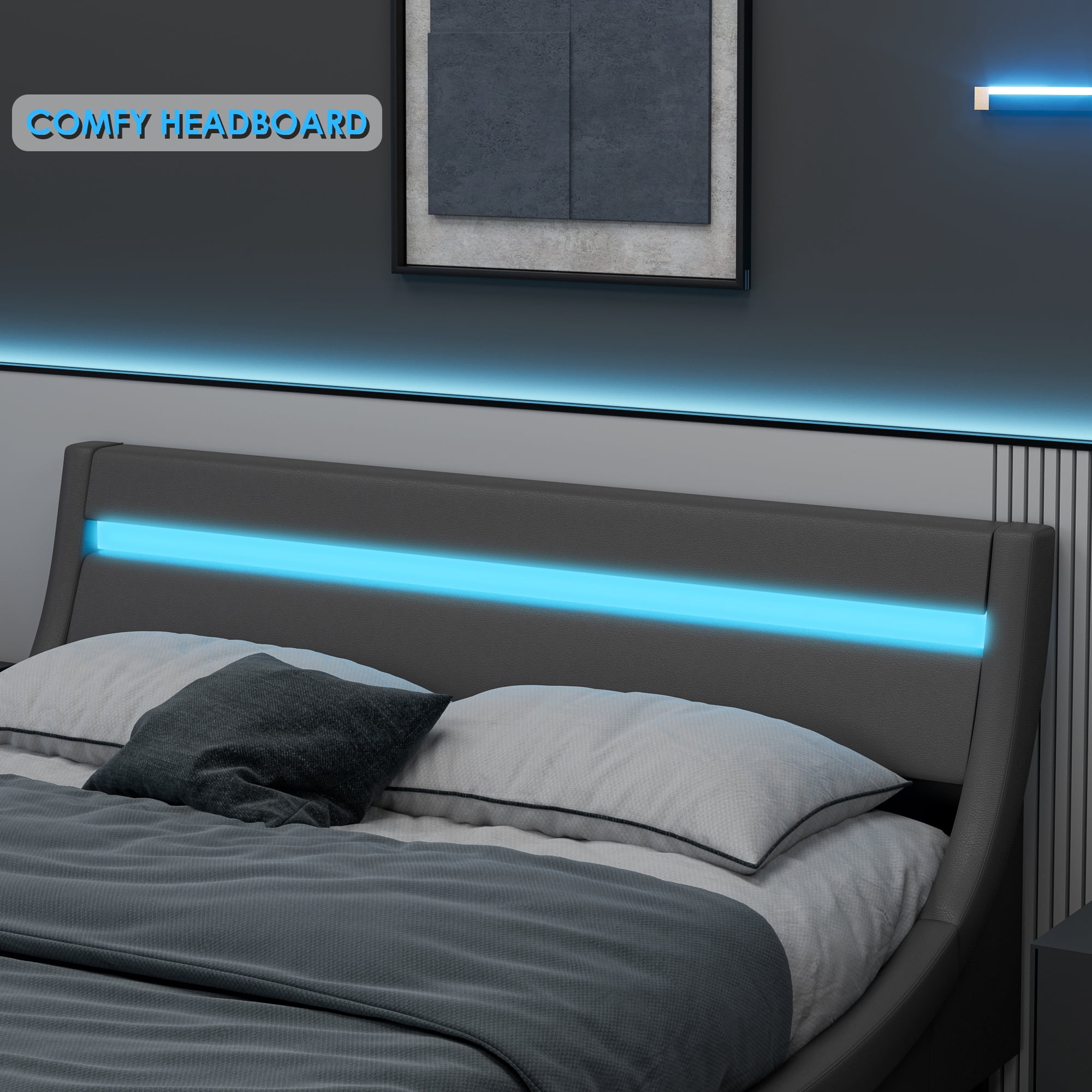 Homfa Queen Size Led Bed Frame, Upholstered Platform Bed with 16 Color Led Headboard, Gray - Image 2