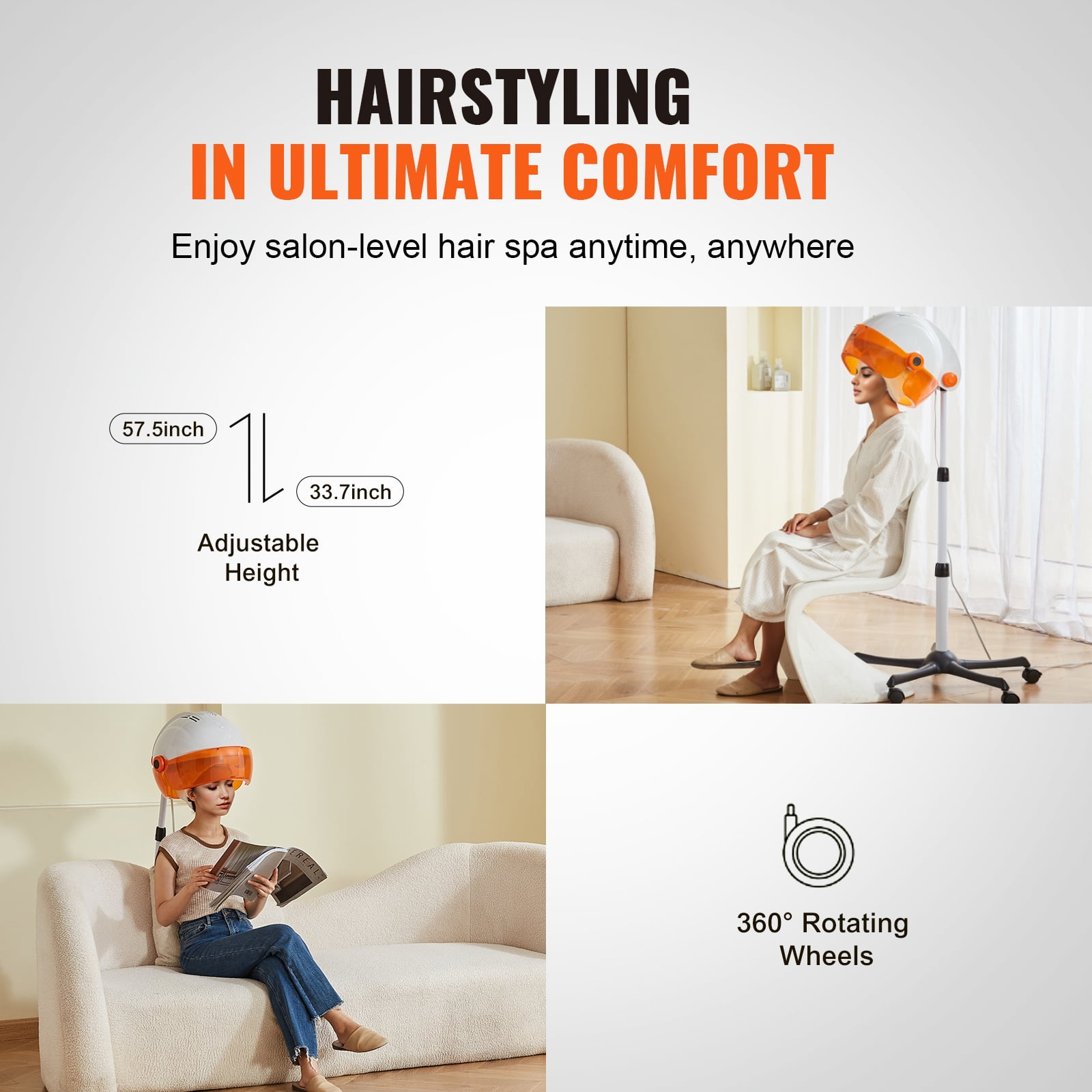 KFFKFF Professional Hooded Dryer, 1875W Adjustable Floor Hooded Bonnet Hair Dryers with Rolling Wheels, 3 Temp Settings & Wind Speed, Floor Standing Rolling Base with Wheels for Beauty Salon - Image 3