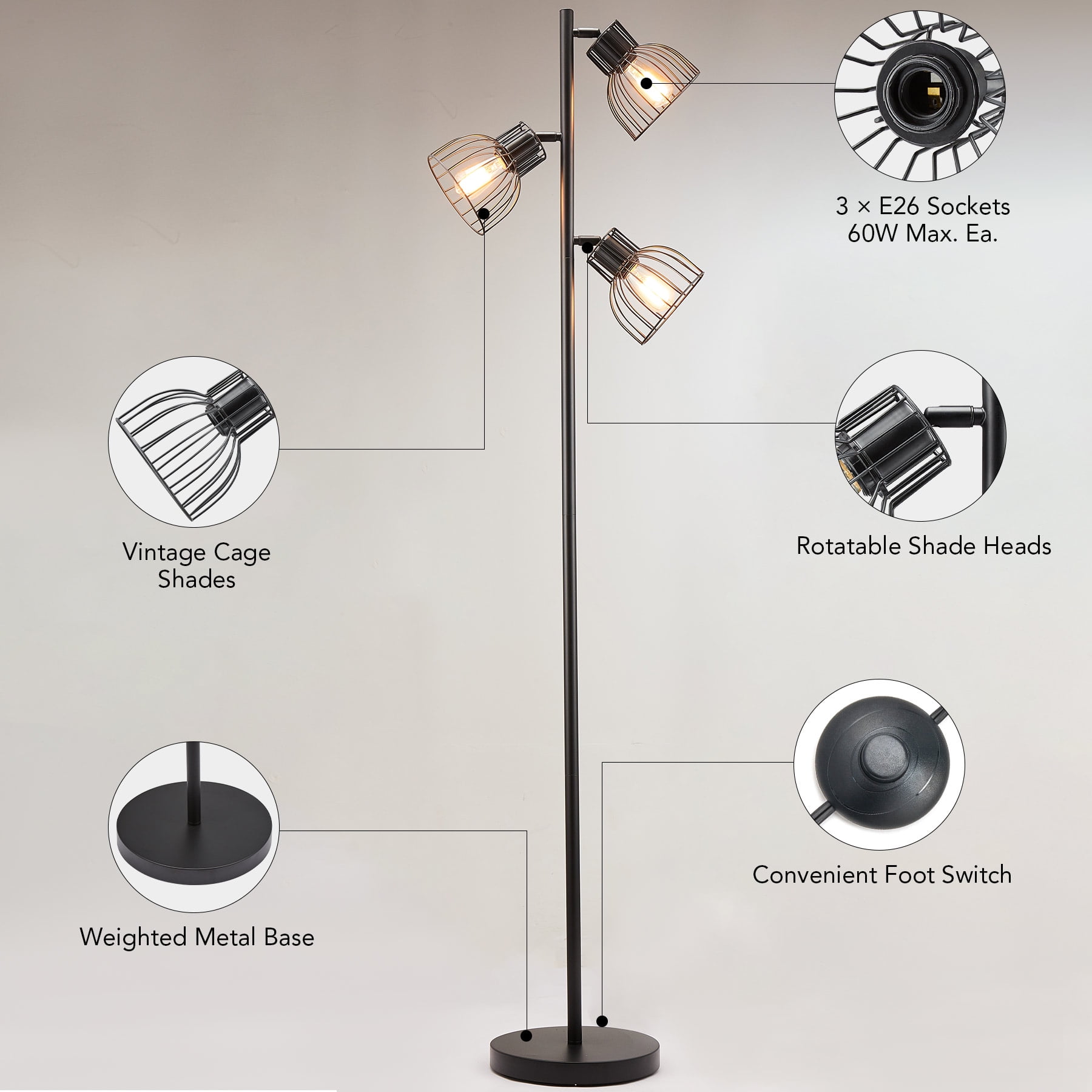 Bestco 65" Industrial Floor Lamp w Adjustable Shades for Bedroom Living Room More - Image 3