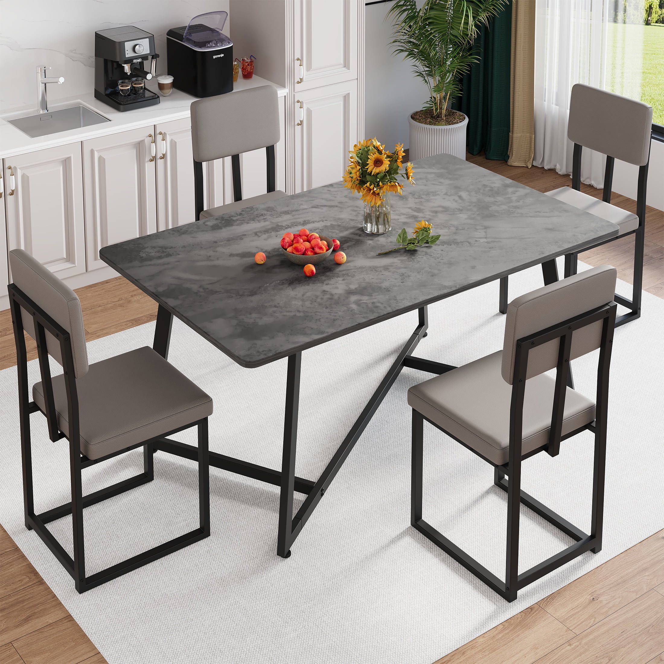 PORKISS 5 Piece Dining Table and Chair Set, Kitchen Dining Room Table Set with Faux Marble Table PU Leather Chairs, Rectangle Dining Table Set for 4, Dinette Set for Small Space, Gray + Black - Image 11