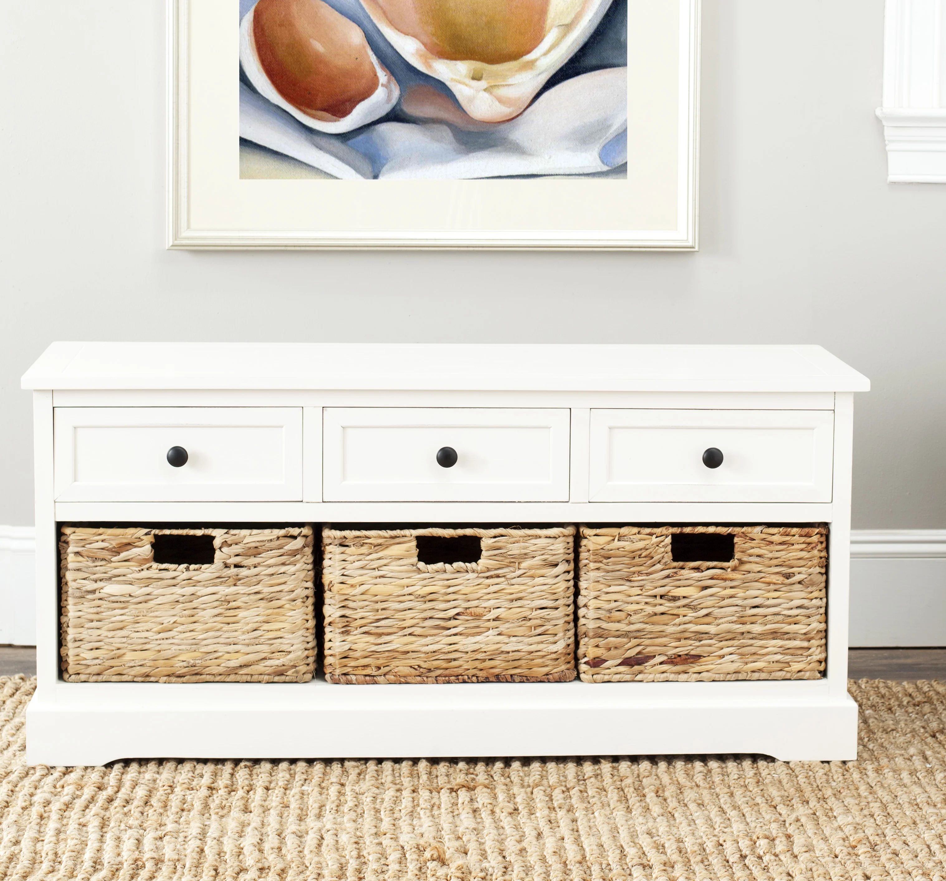 SAFAVIEH Damien Storage Bench with 3 Wicker Baskets and 3 Drawers, Distressed Cream - Image 3