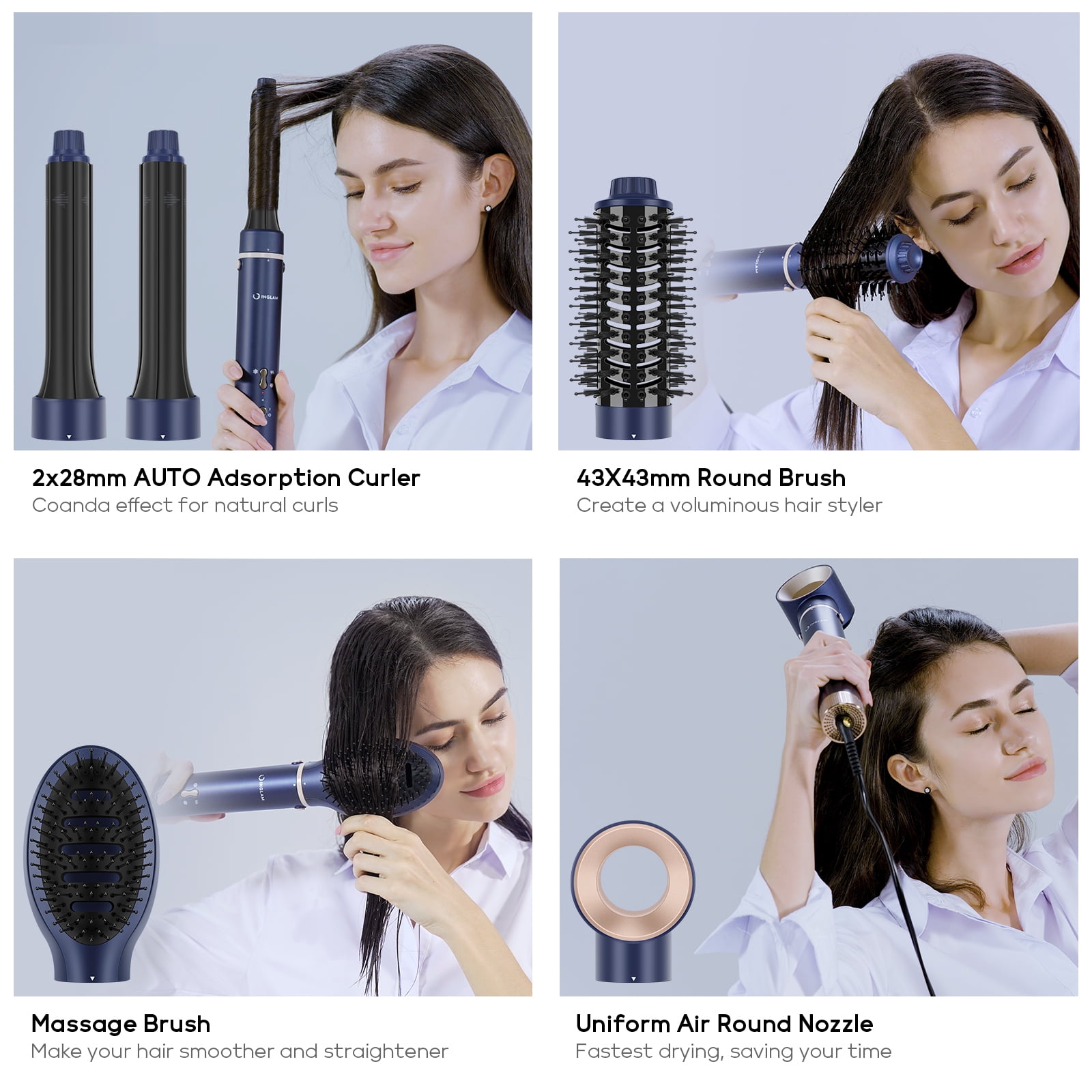 IG INGLAM MegaAIR Styler, 5 in 1 Hair Styler with 110,000 RPM, Ionic Hot Air Brush Set, High-Speed Hair Dryer Volumizing and Shape, Prussian Blue - Image 8