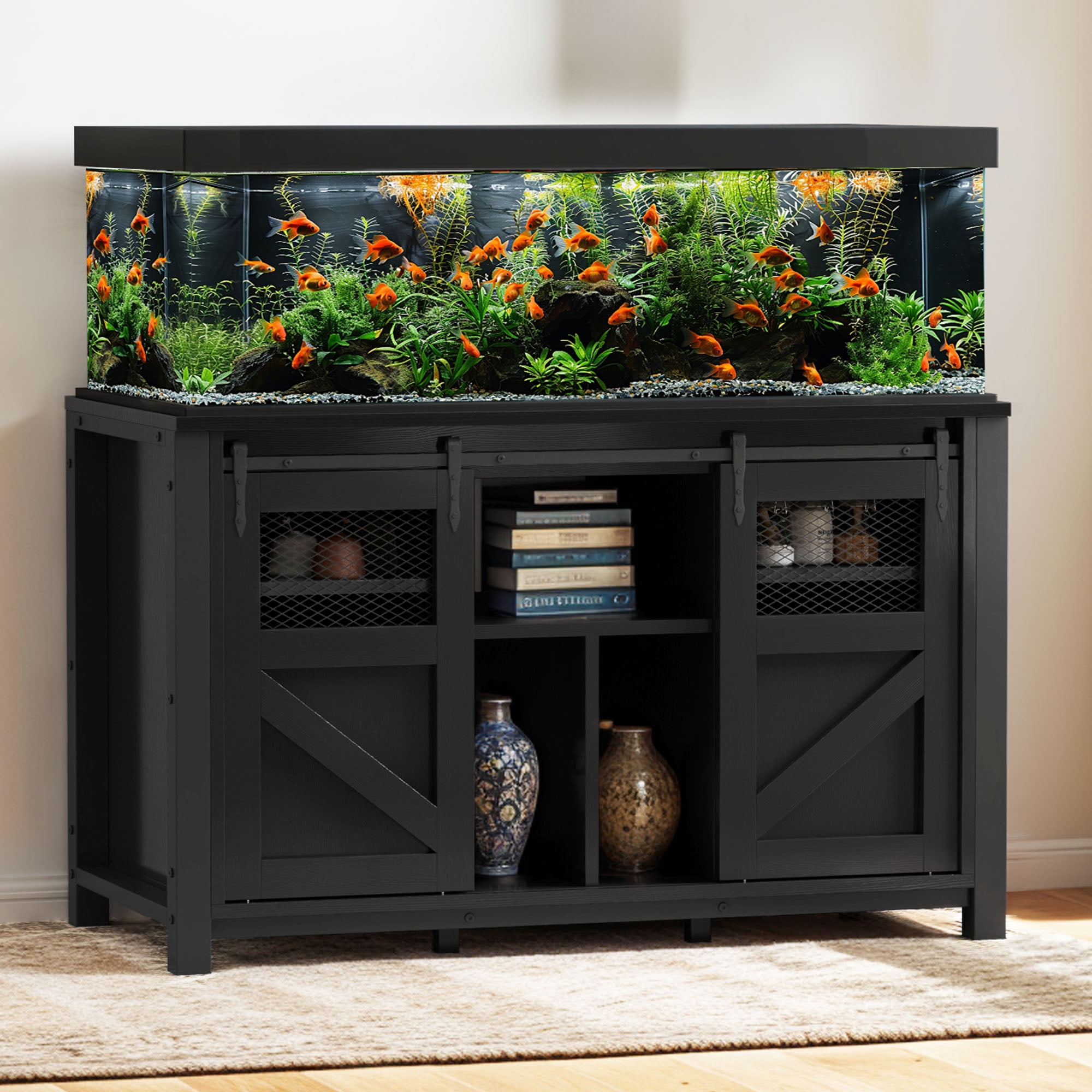 Uforic 120 gal Fish Tank Metal Stand with Storage, 1100 lbs Capacity, Power Outlets, Barn Door, Black - Image 2