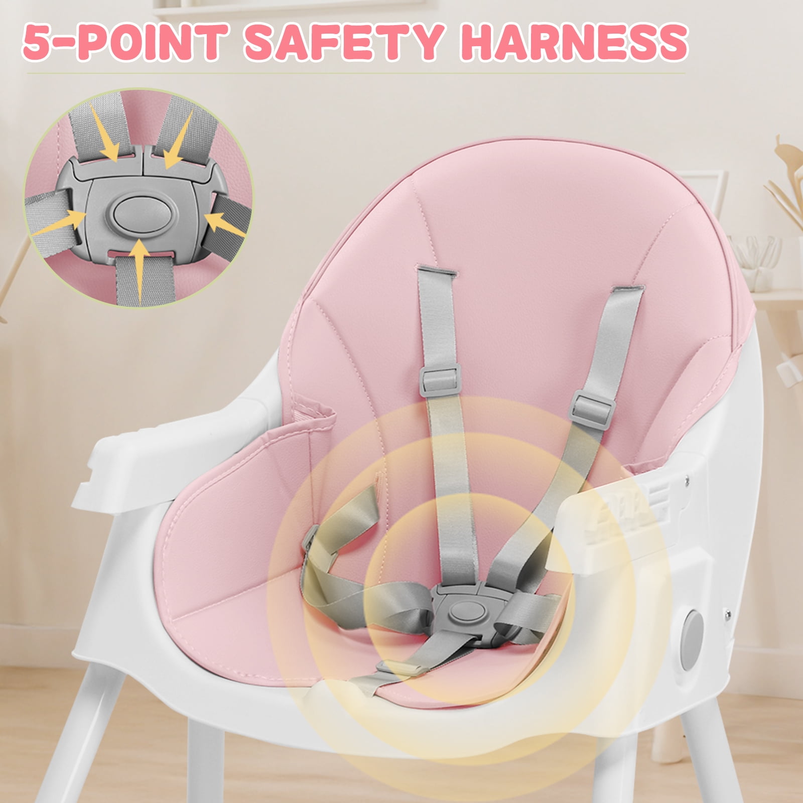 Ktaxon Baby High Chair, Convertible 6 in 1 High Chairs for Babies and Toddlers, Foldable Baby Highchair with 5-Point Safety Harness, Adjustable Dining Tray, Backrest & Height, Pink - Image 12