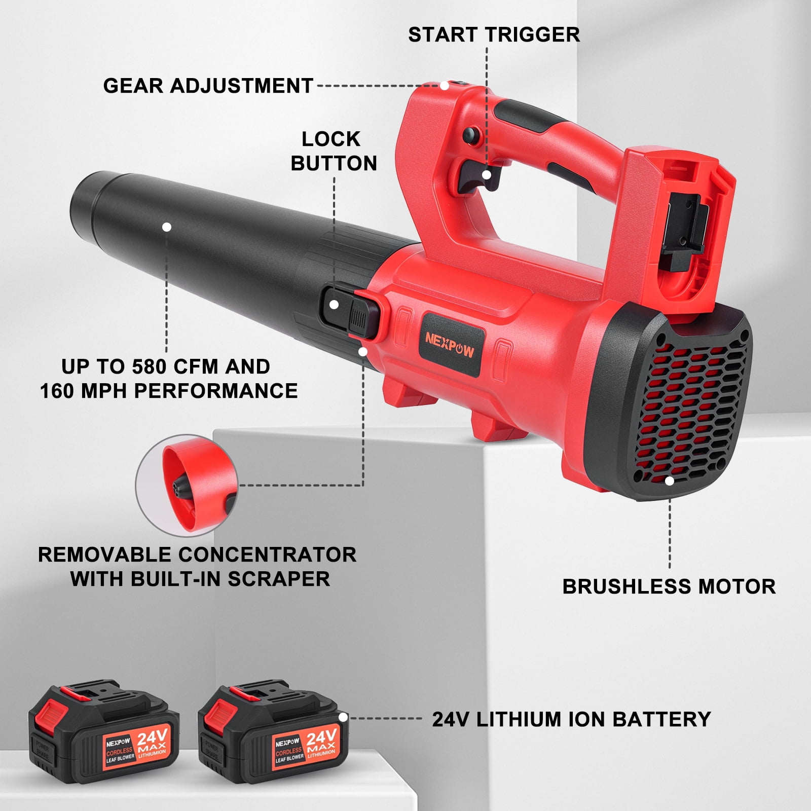 NEXPOW Leaf Blower,580CFM 160MPH Cordless Electric Blower,4 Speed Mode with 2 Battery and Charger - Image 5
