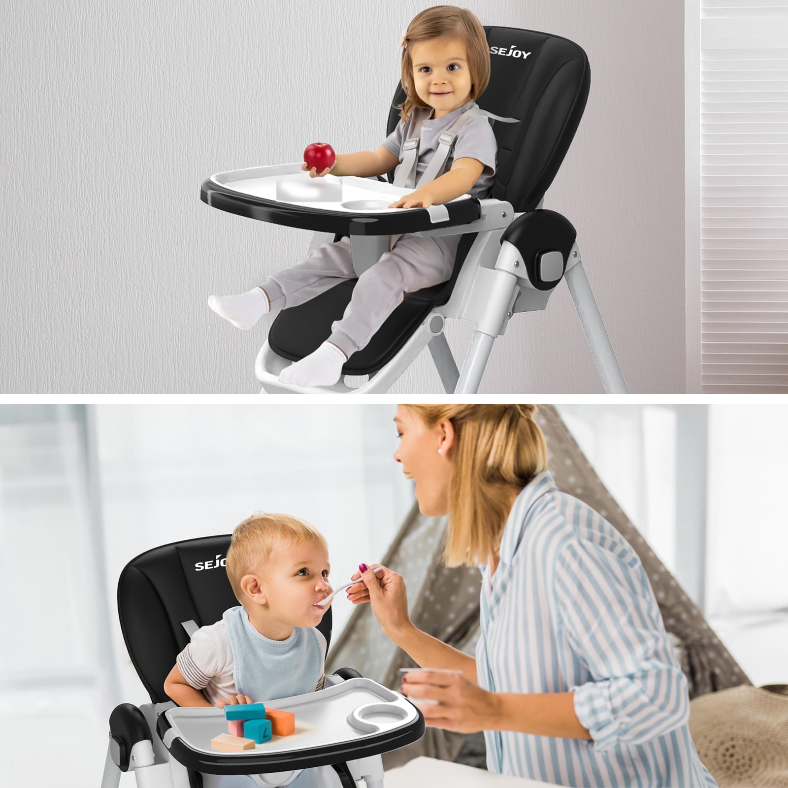 Sejoy 4 Wheels Baby High Chair for Toddlers, Foldable High Chair with Adjustable Seat Heigh, Black - Image 3