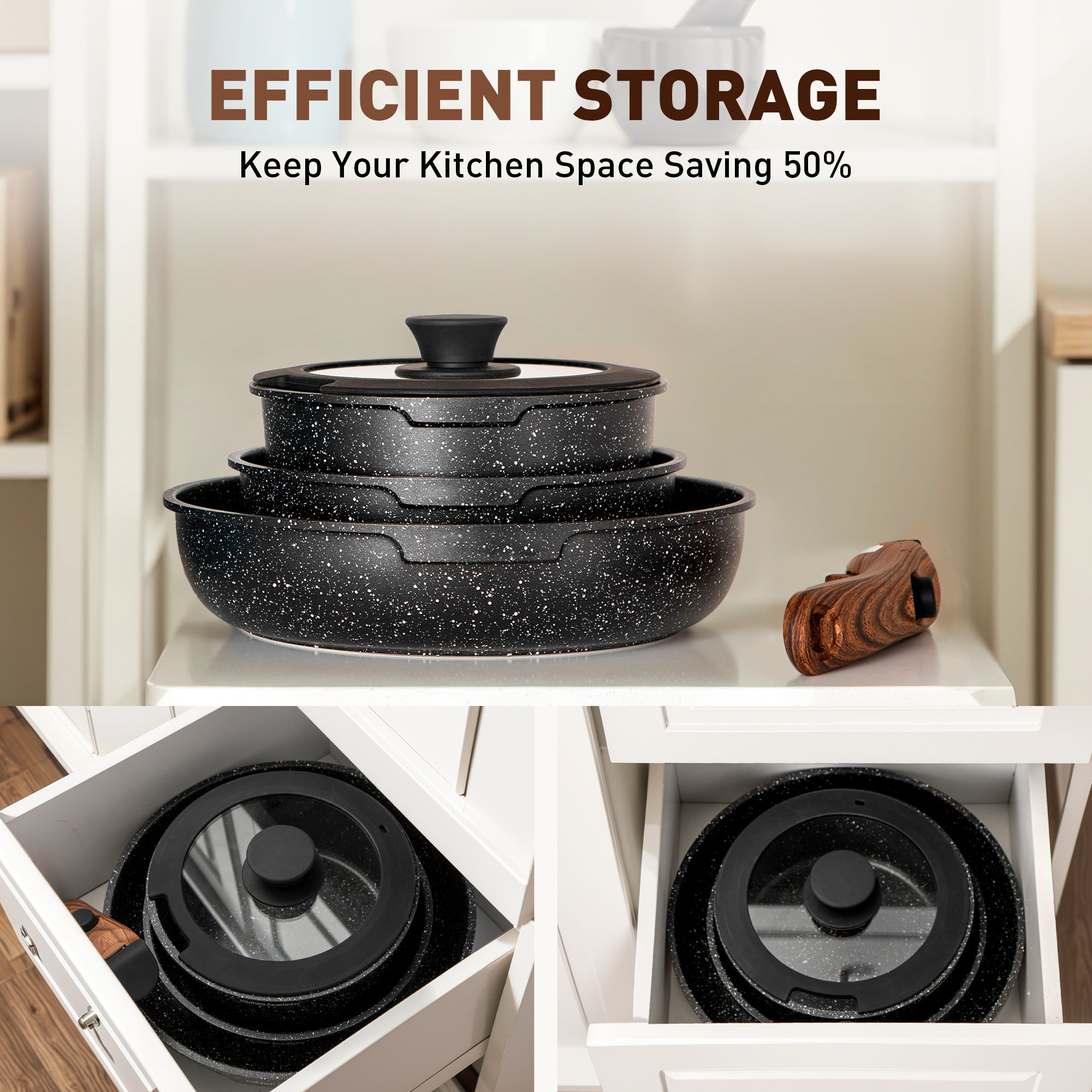 MF Studio 10 Pieces Removable Handle Nonstick Cookware Set, Induction-Safe Granite Pots and Pans, Black - Image 5