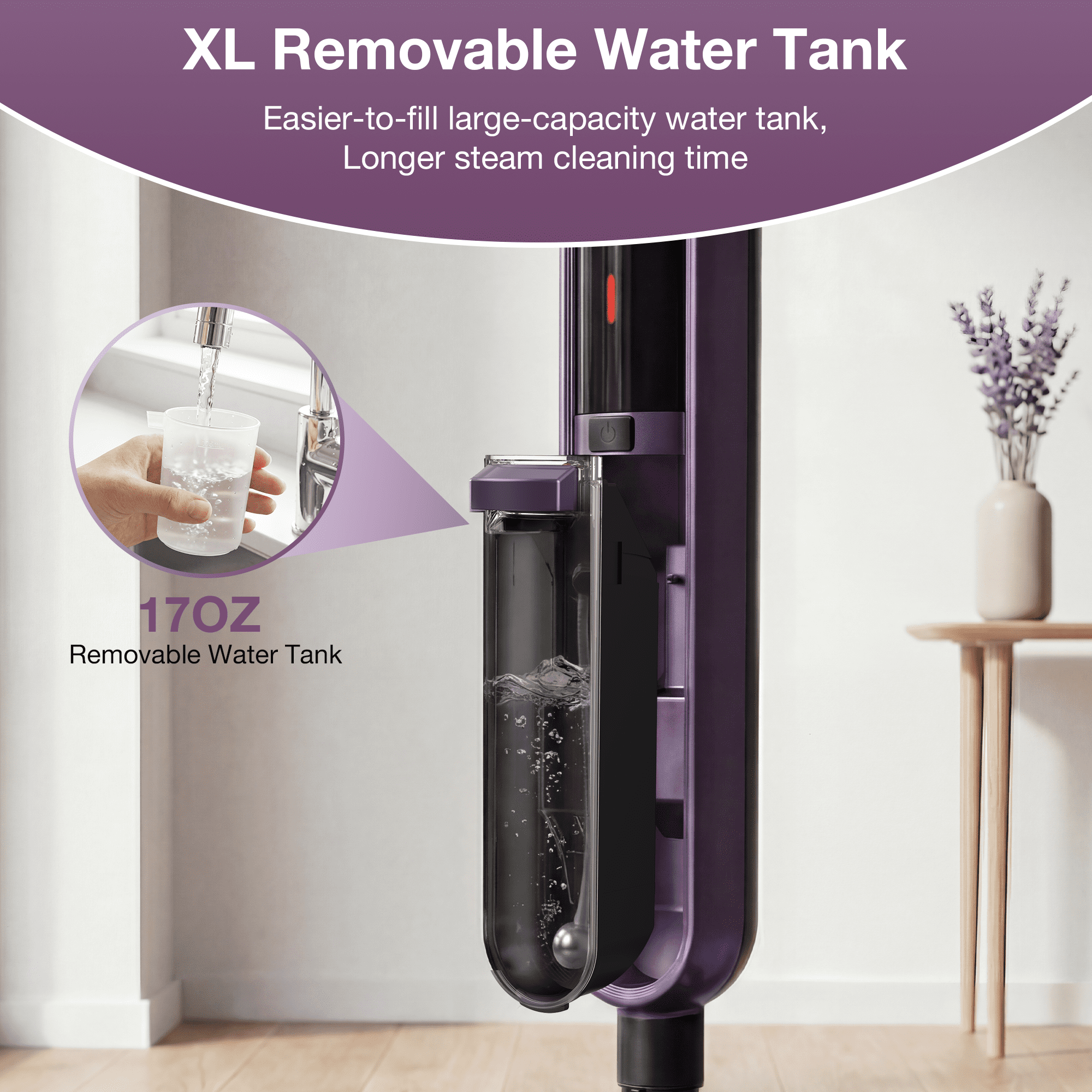 Maircle All-in-1 Steam Mop Cleaner, 17oz Large Water Tank, Detachable Steam Cleaner for Hardwood Tile Grout, Furniture, Purple - Image 4