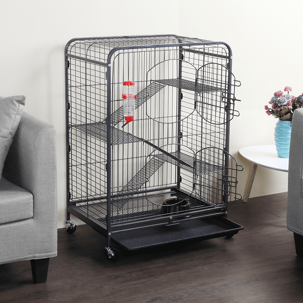 Alden Design 37"H Metal 4-Tier Rolling Small Animal Cage with Pet Bowl, Black - Image 6