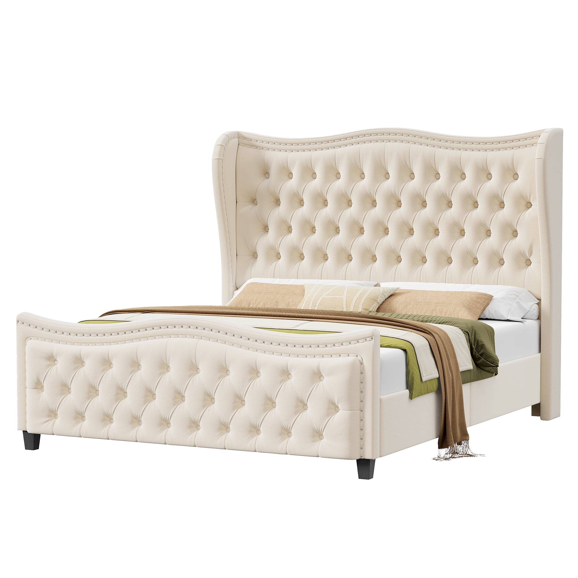 Homfa Queen Size Bed Frame, Modern Velvet Tufted Wingback Bed, Platform Bed with 55"H Upholstered Headboard, Off-White - Image 5