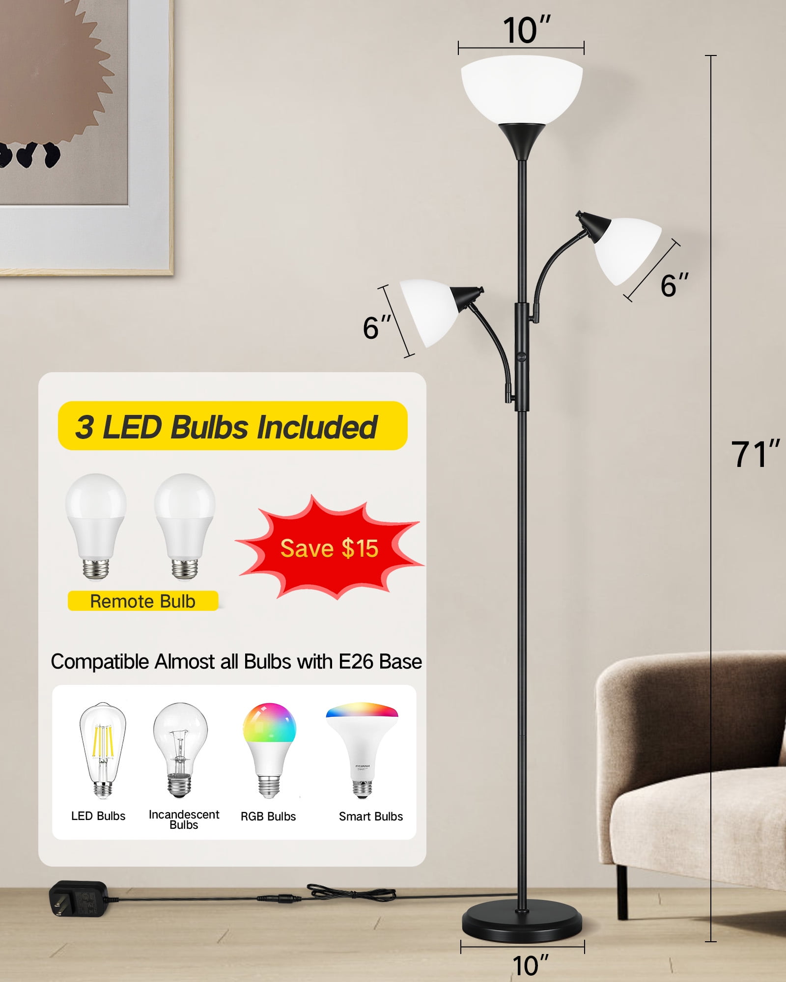 OUTON Torchiere Floor Lamp with Reading Light for Living Room, LED Standing Lampwith Remote Control for Bedroom, Modern Tall Reading Light, Black - Image 6