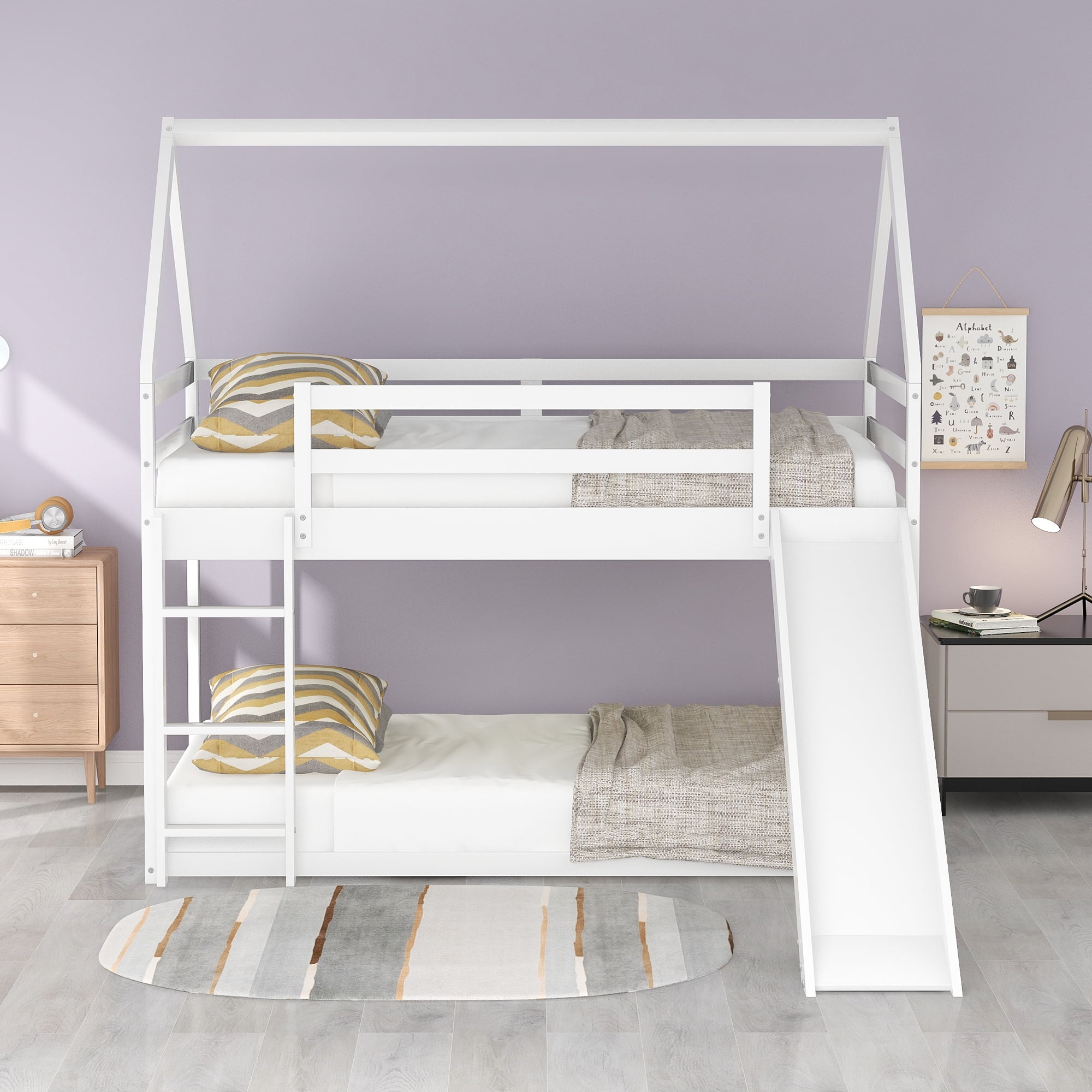 Aukfa Low Bunk Bed, Twin-Over-Twin House Bed Frame for Kids with Slide - White - Image 3