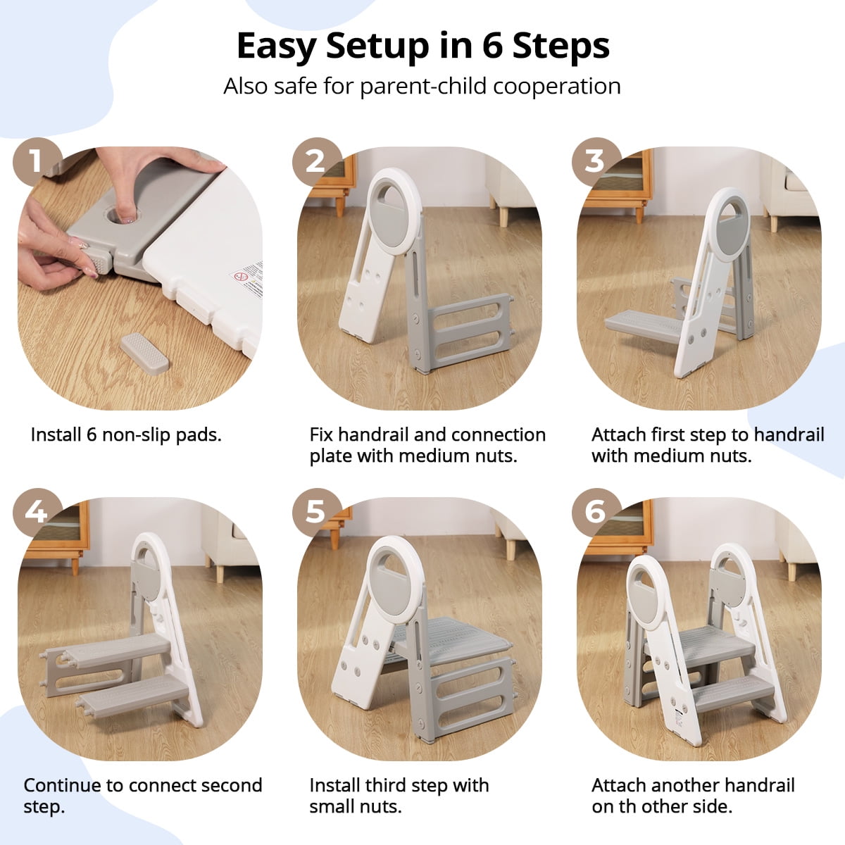 Toddler Step Stool,CAVEEN Foldable Stool for Kids ,Step Helper Adjustable 3 to 2 Stool for Kitchen,Gray - Image 4