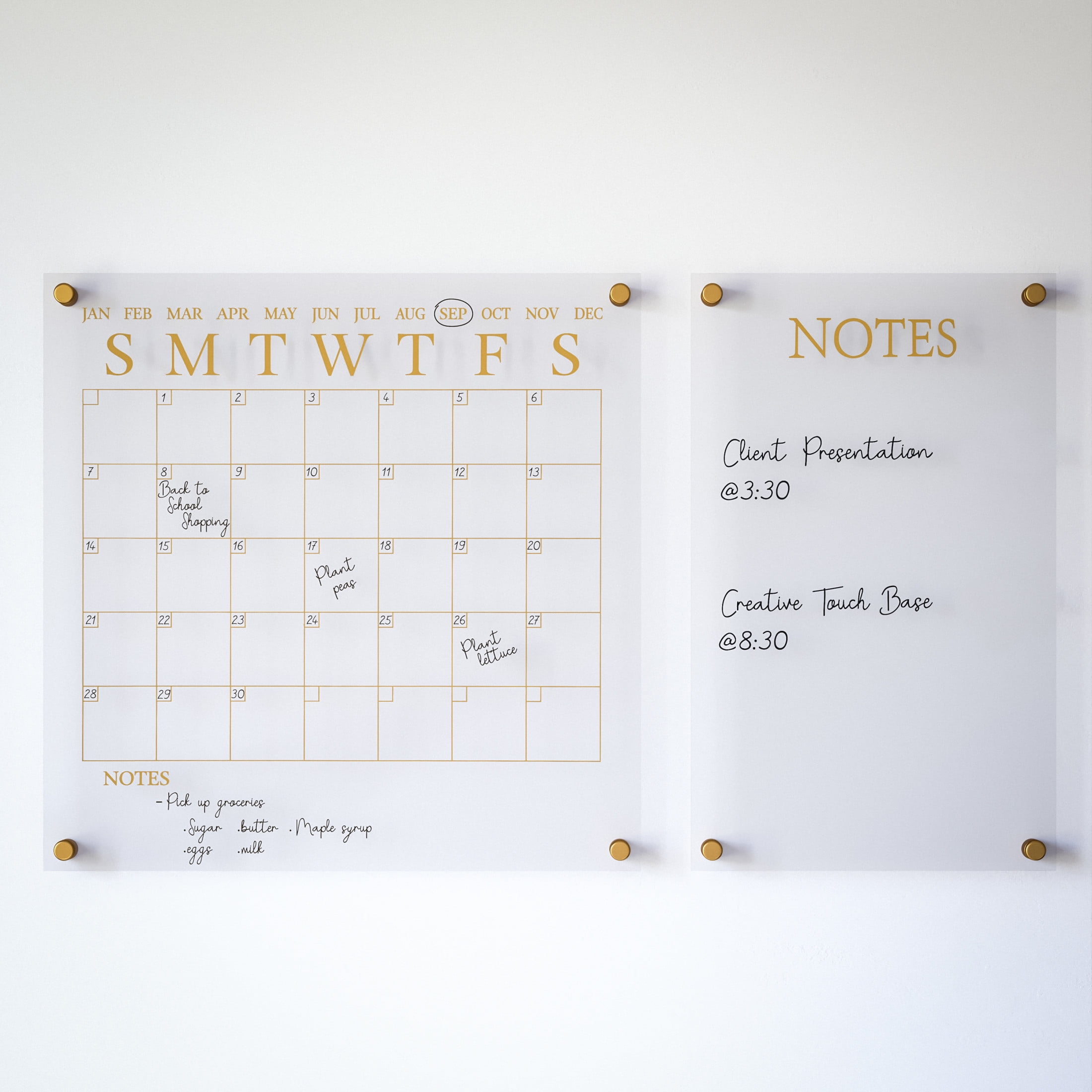 Martha Stewart Grayson Acrylic Wall Calendar and Notes Board Set with Dry Erase Marker and Mounting Hardware, Clear with Gold Print - Image 6