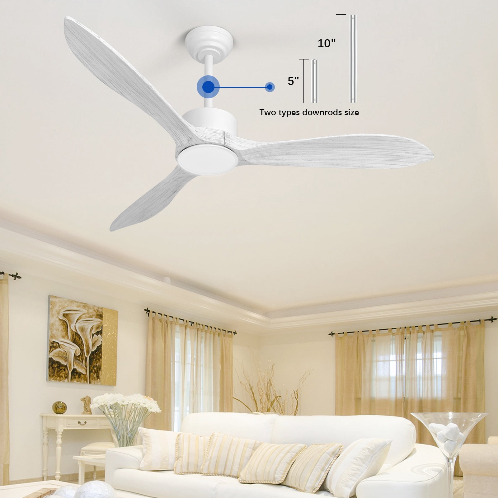 Wozzio 52 inch Ceiling Fan with Light and Remote,DC Motor,3CCT Dimmable LED Light,3 Grain White Wood Blades,Indoor & Outdoor - Image 5