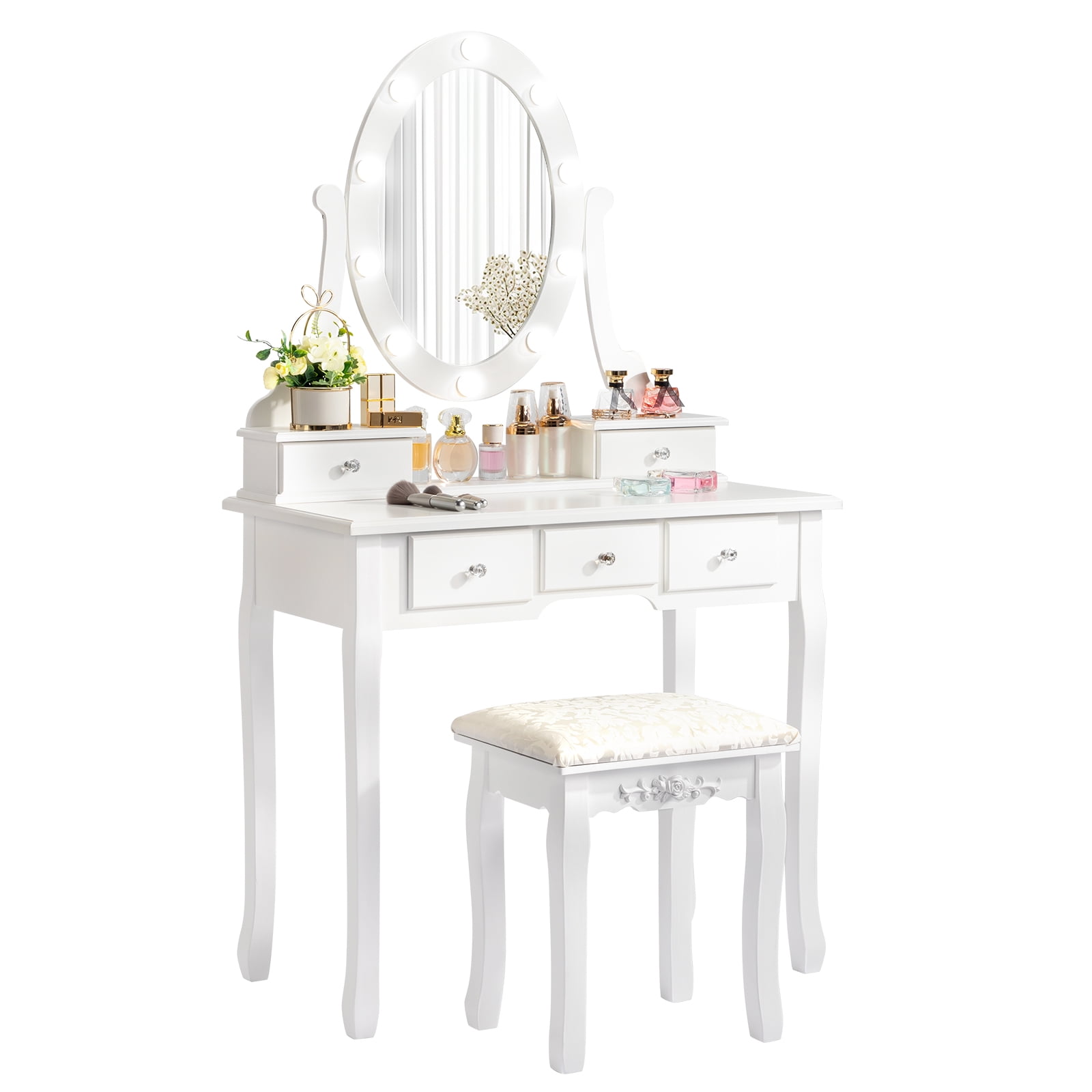 Ktaxon Vanity Table 10 LED Lights, 5 Drawers Makeup Dressing Desk with Cushioned Stool Set,Bedroom Vanities Set White - Image 4