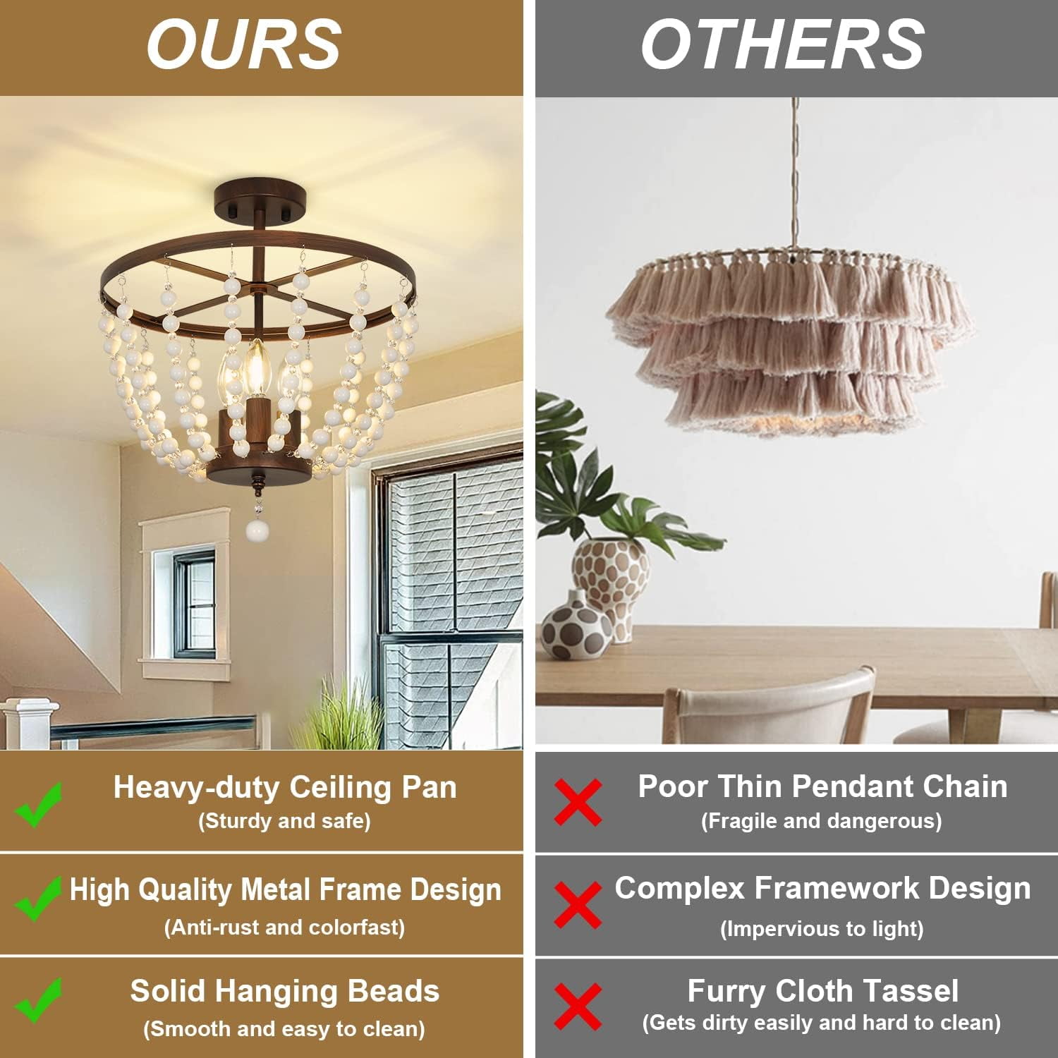 Depuley 3 Light Boho Chandlier Beaded Pendant Light Bohemian Chandelier Rustic Semi Flush Mount Ceiling Light for Kitchen Living Room Bedroom Dining, E26 Socket - Image 5