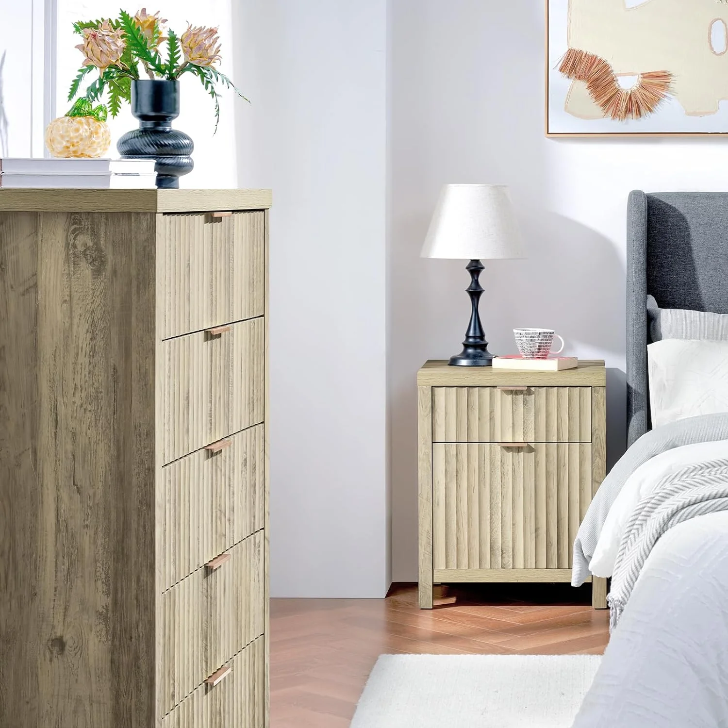 OAKHAM 2 Drawer Nightstands with Charging Station, Farmhouse Bedside Tables with usb, Set of 2 - Image 4