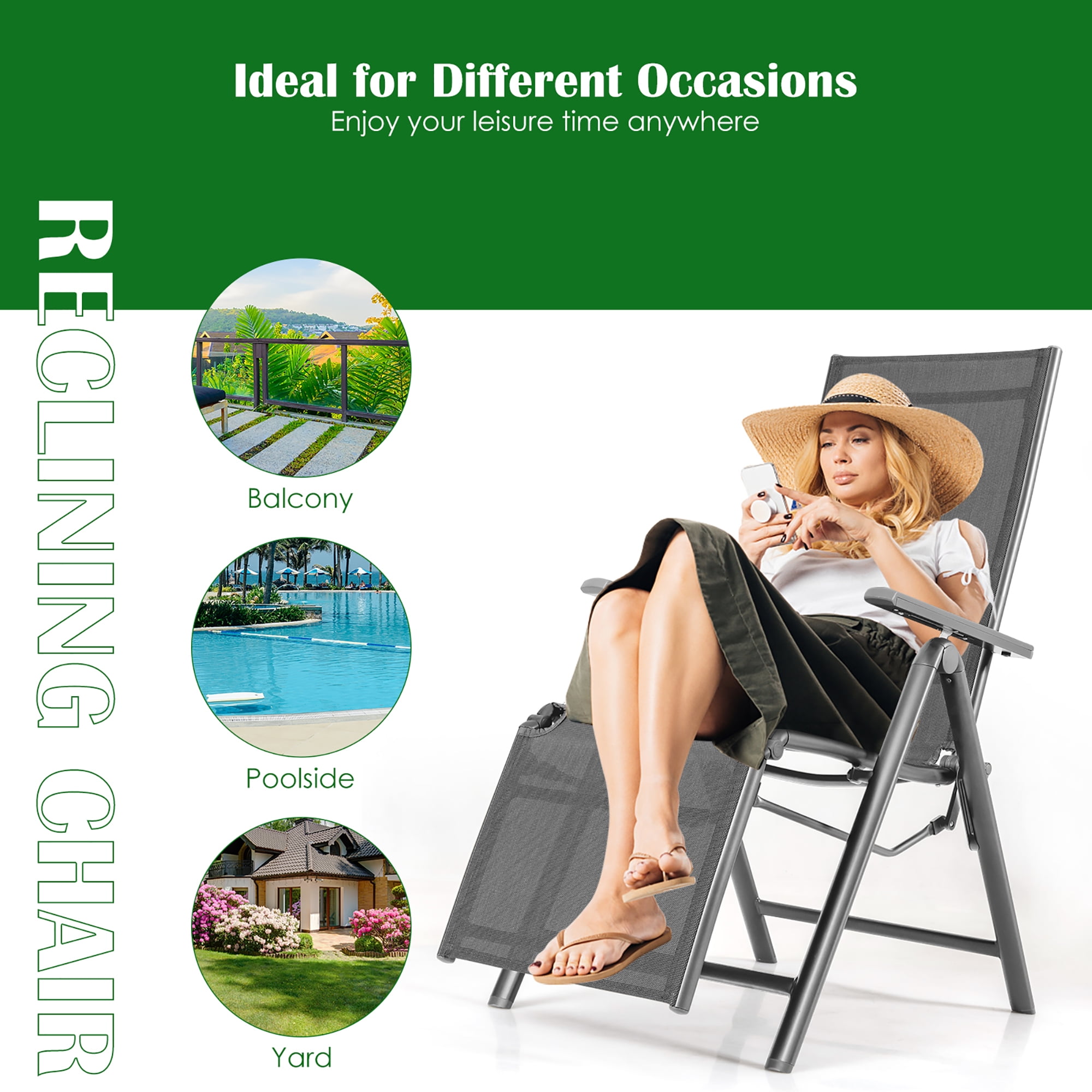 Costway Outdoor Foldable Reclining Chair Aluminum Frame 7-Position Adjustable - Image 6