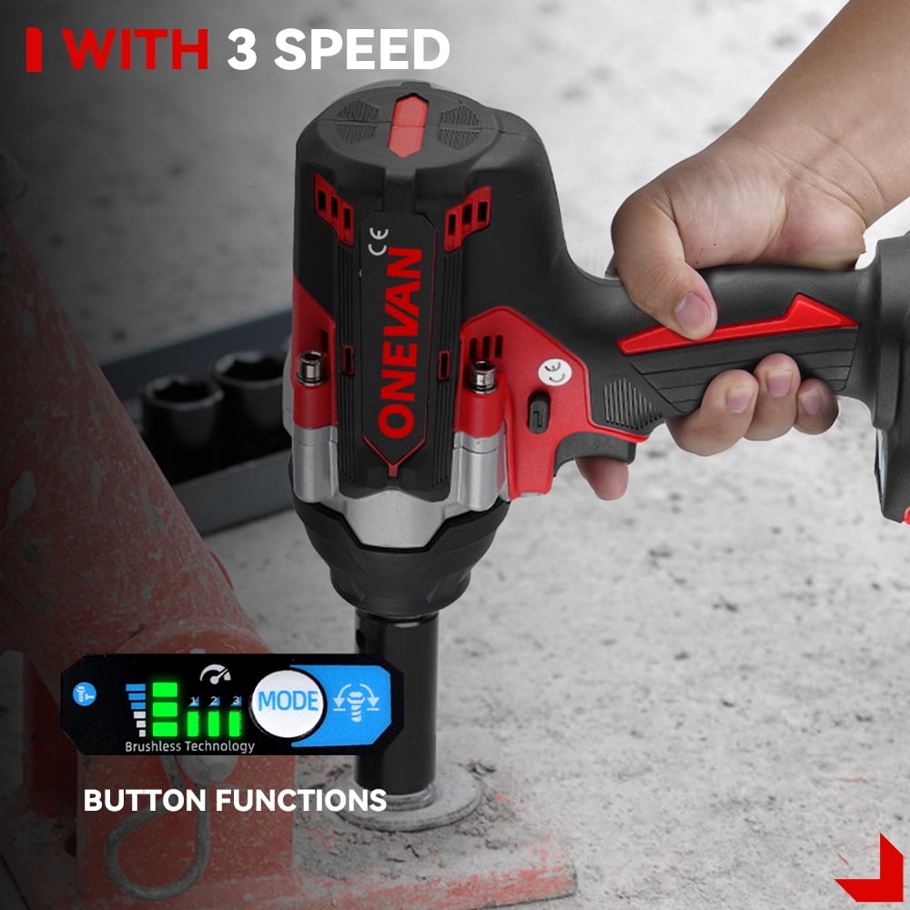 ONEVAN Cordless Impact Wrench 1/2", 20V Powerful Brushless Motor w/ 5-Mode Speed, Power Impact Wrench Max Torque 660 ft-lbs (900N.m), Impact Gun w/ 2 x 3.0A Batteries for Home Car - Image 13