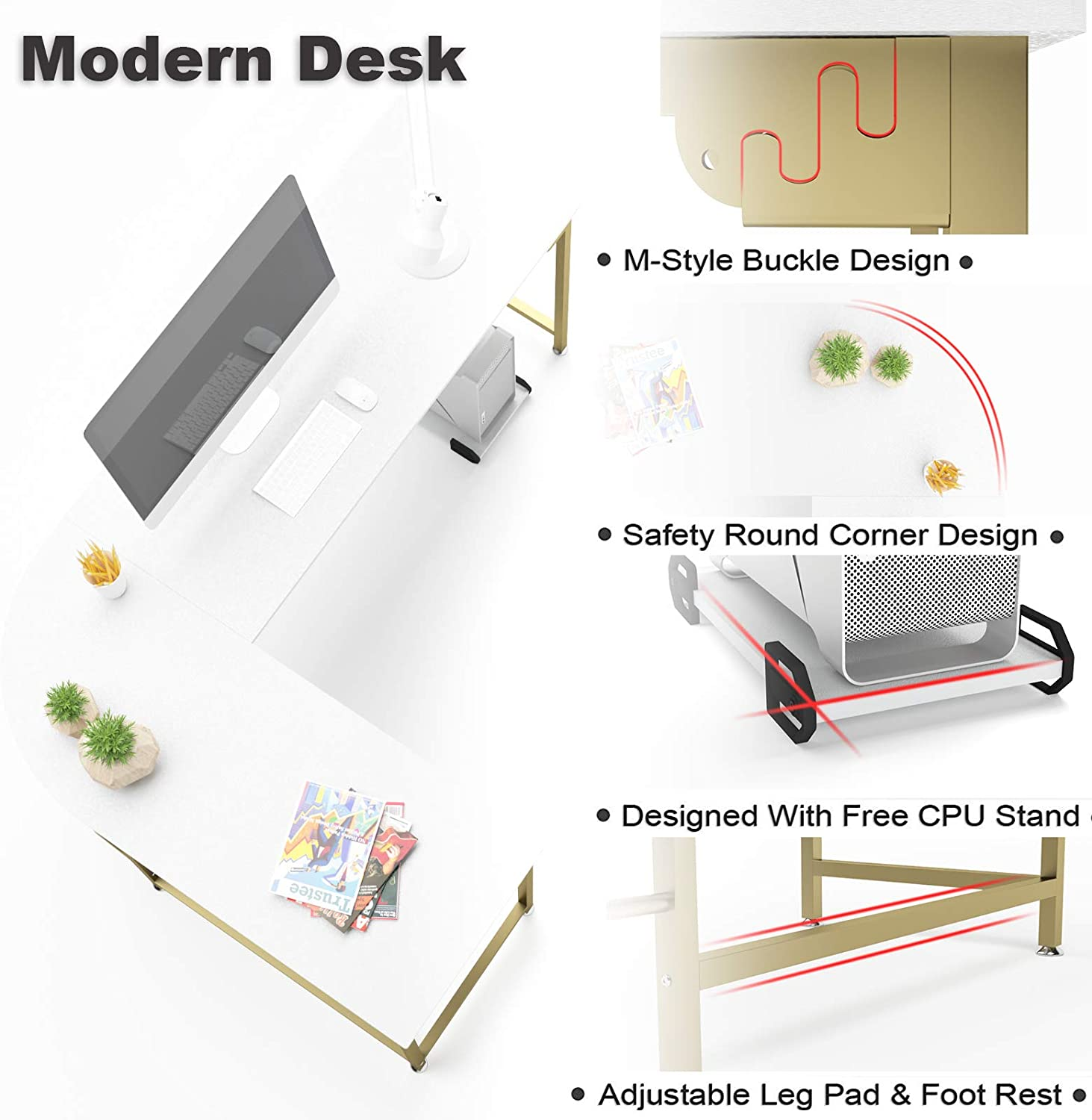 GEZEN Modern L-Shaped Computer Desk PC Latop Corner Table for Home Office, White with Gold Frame - Image 4