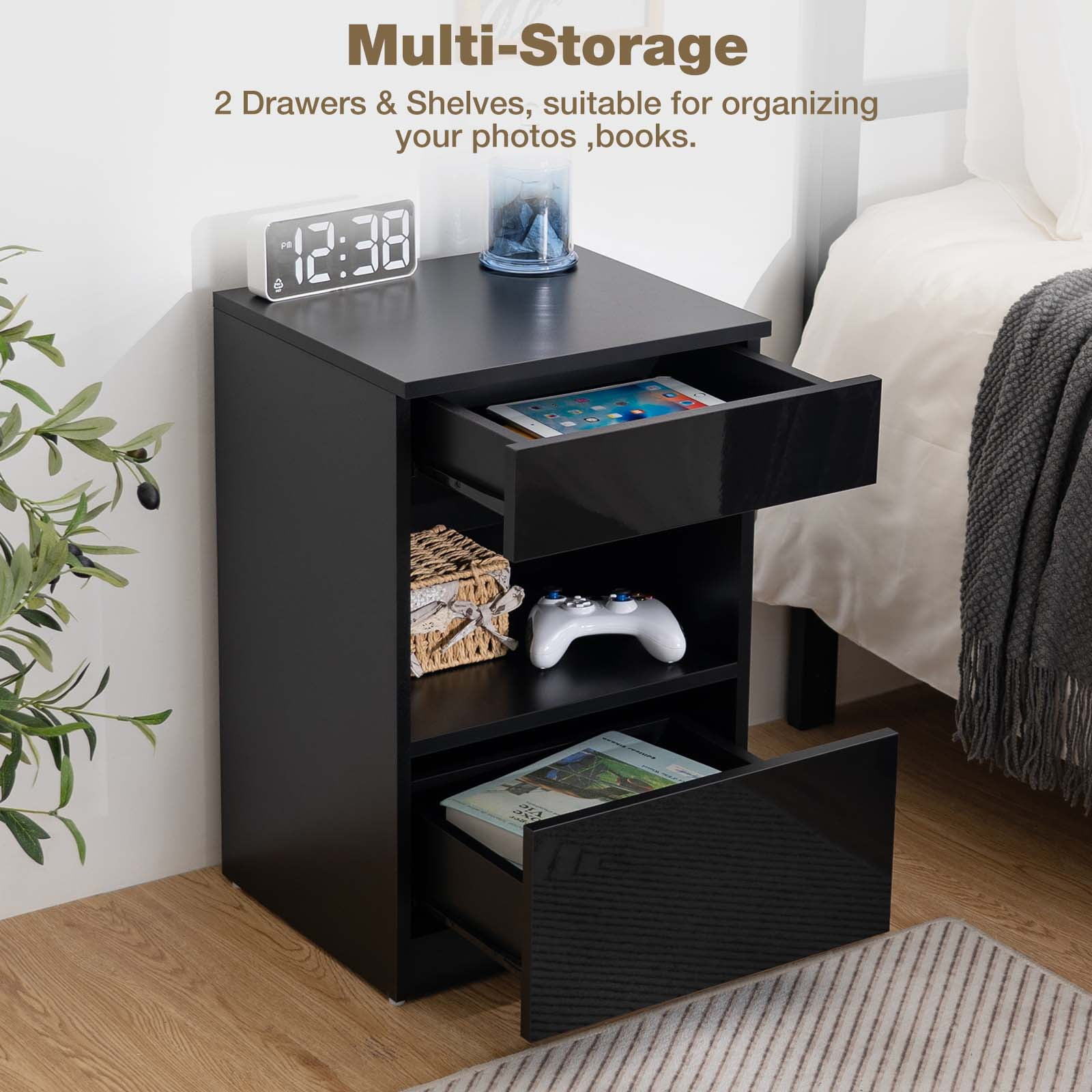 Hommpa Nightstand, 2 Drawer Nightstand Open Shelf Nightstands Bedside Table Modern End Tables Living Room High Gloss Side Table Bedroom Home Furniture Black - Image 5