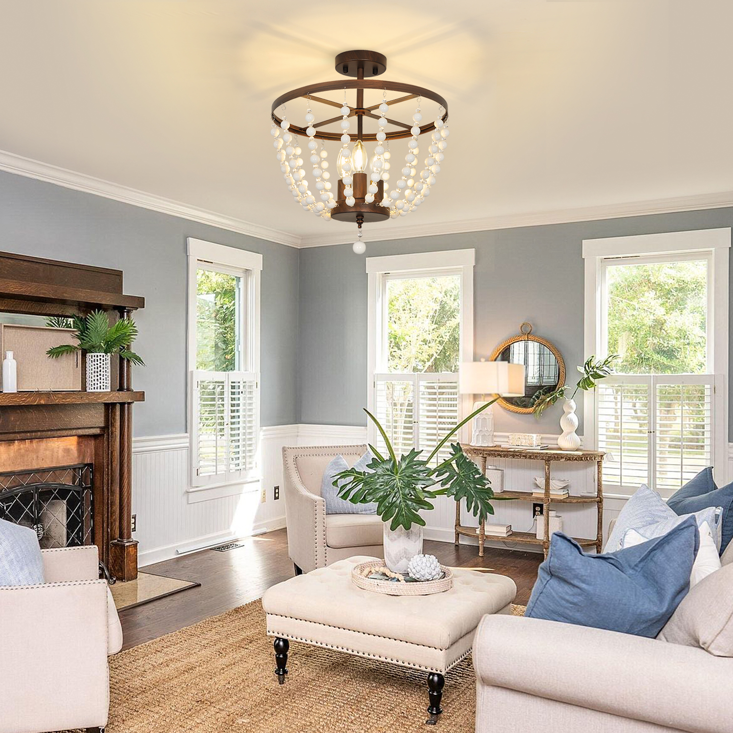 Depuley 3 Light Boho Chandlier Beaded Pendant Light Bohemian Chandelier Rustic Semi Flush Mount Ceiling Light for Kitchen Living Room Bedroom Dining, E26 Socket - Image 4