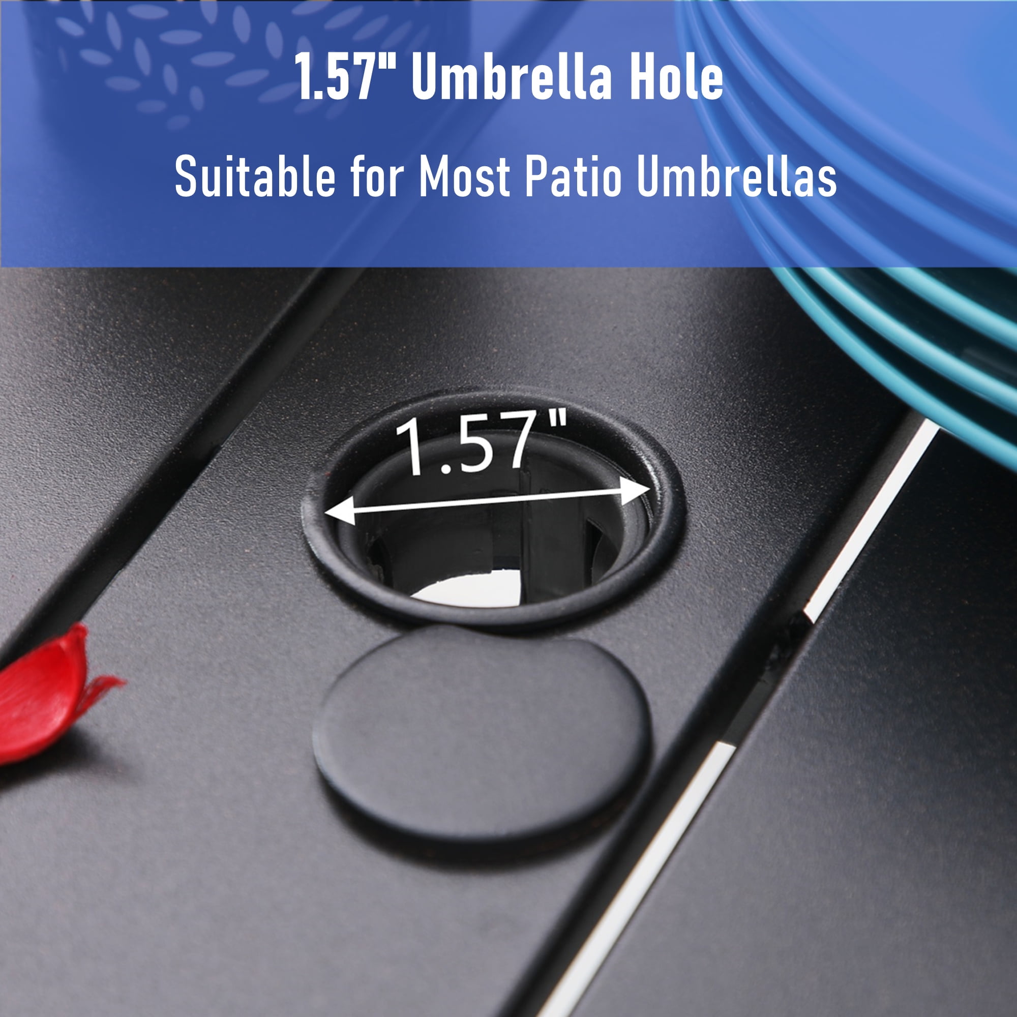 MF Studio 5-Piece Outdoor Patio Dining Set with 4 Metal Stacking Armchairs & 1 Square Table with Umbrella Hole, Black - Image 3