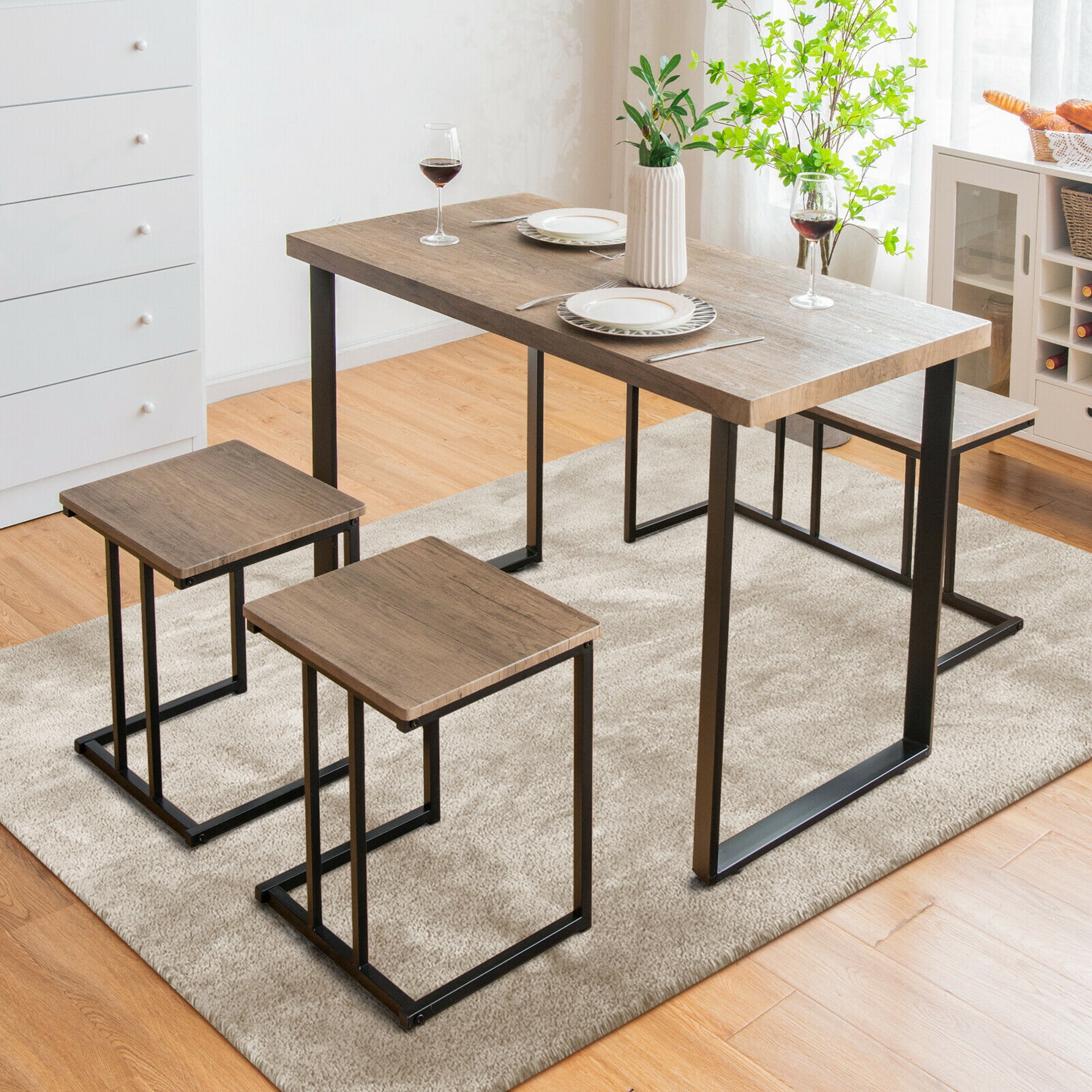 Gymax 4-Piece Dining Table Set Industrial Dinette Set Kitchen Table w/Bench & 2 Stools - Image 2
