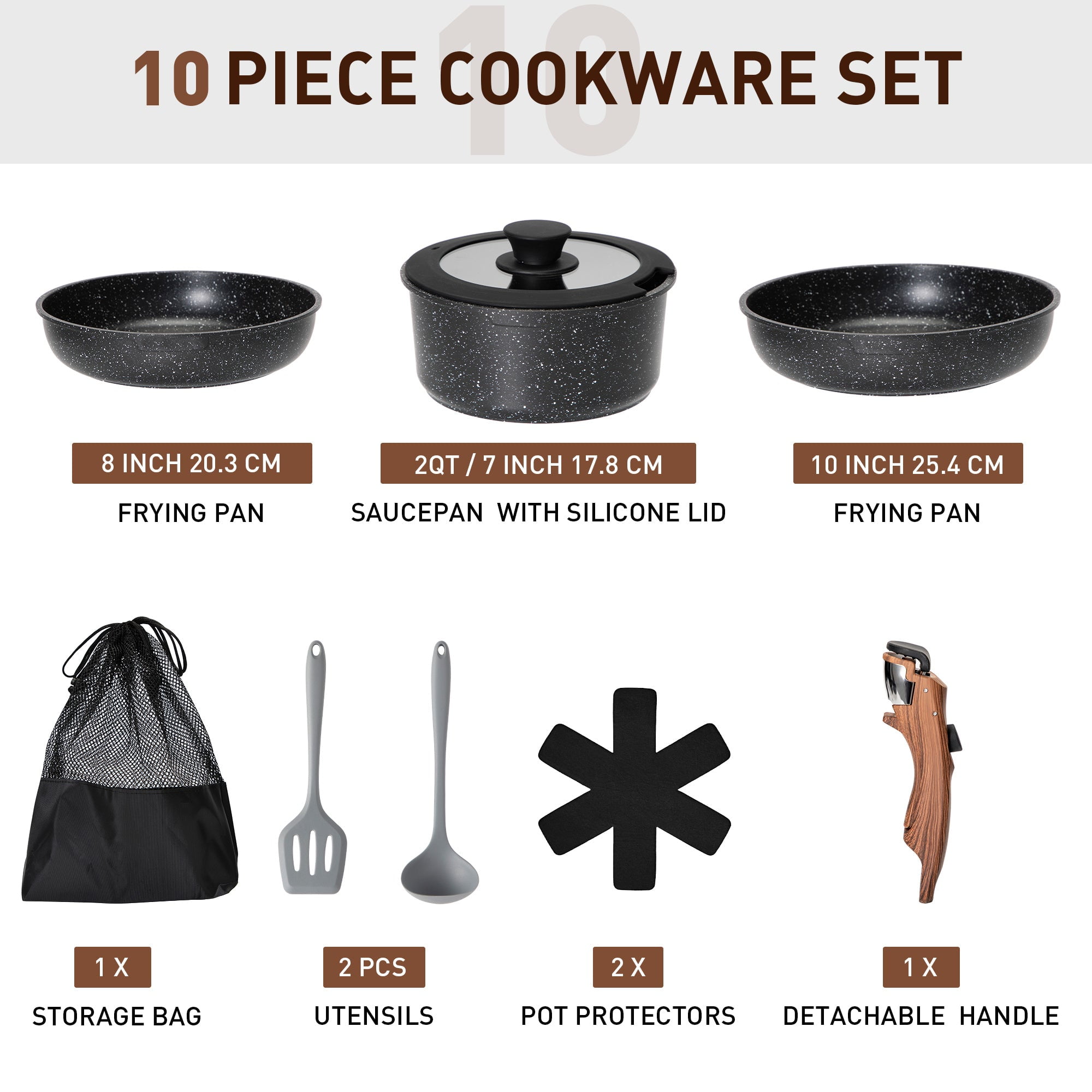 MF Studio 10 Pieces Removable Handle Nonstick Cookware Set, Induction-Safe Granite Pots and Pans, Black - Image 7