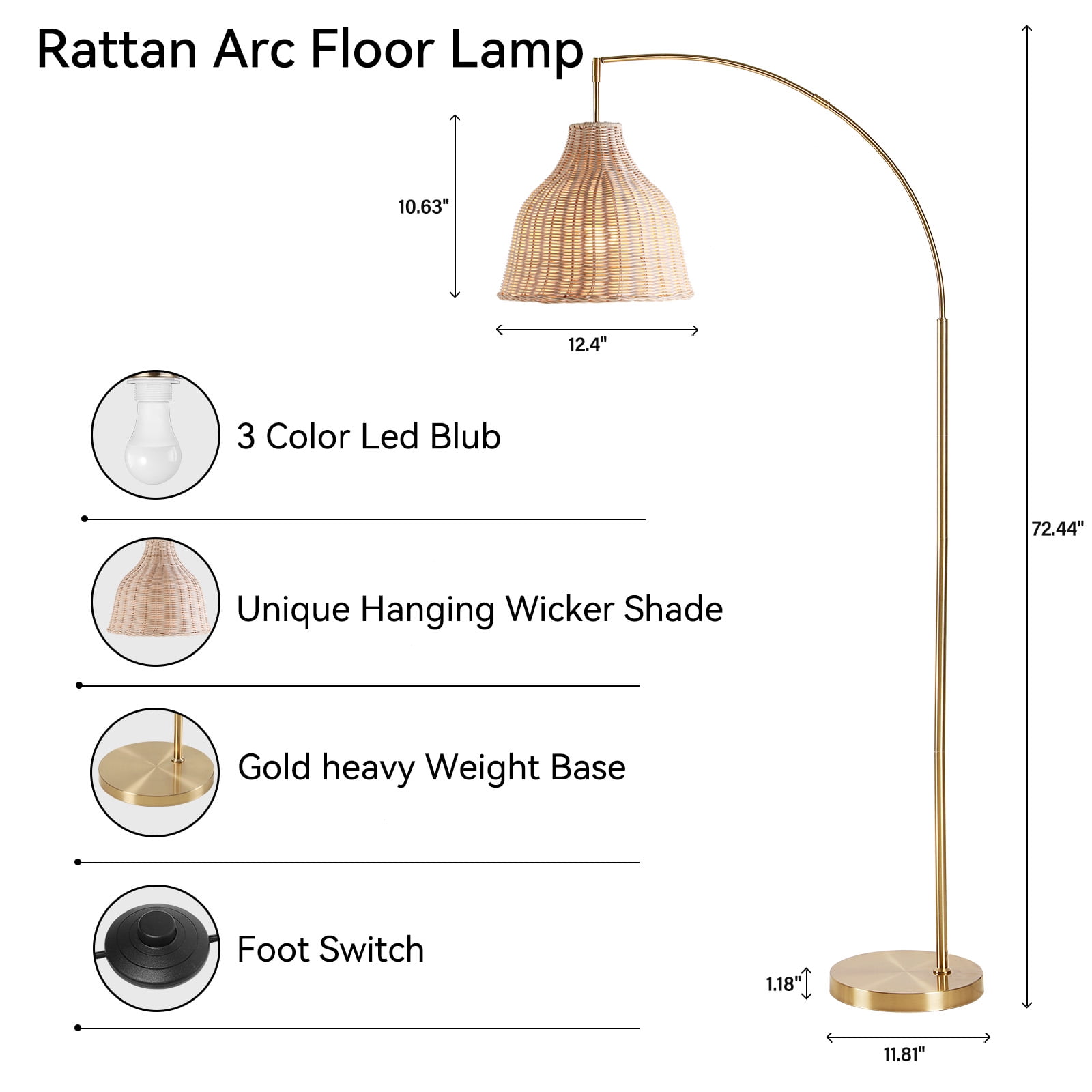 SUNMORY 72 inch Arched Rattan Floor Lamp, Fabric Retro Boho Farmhouse Rustic Standing Lamp for Living Room, Bedroom, Office, 9W & Foot Switch & 3 Color Temperature, Gold - Image 8