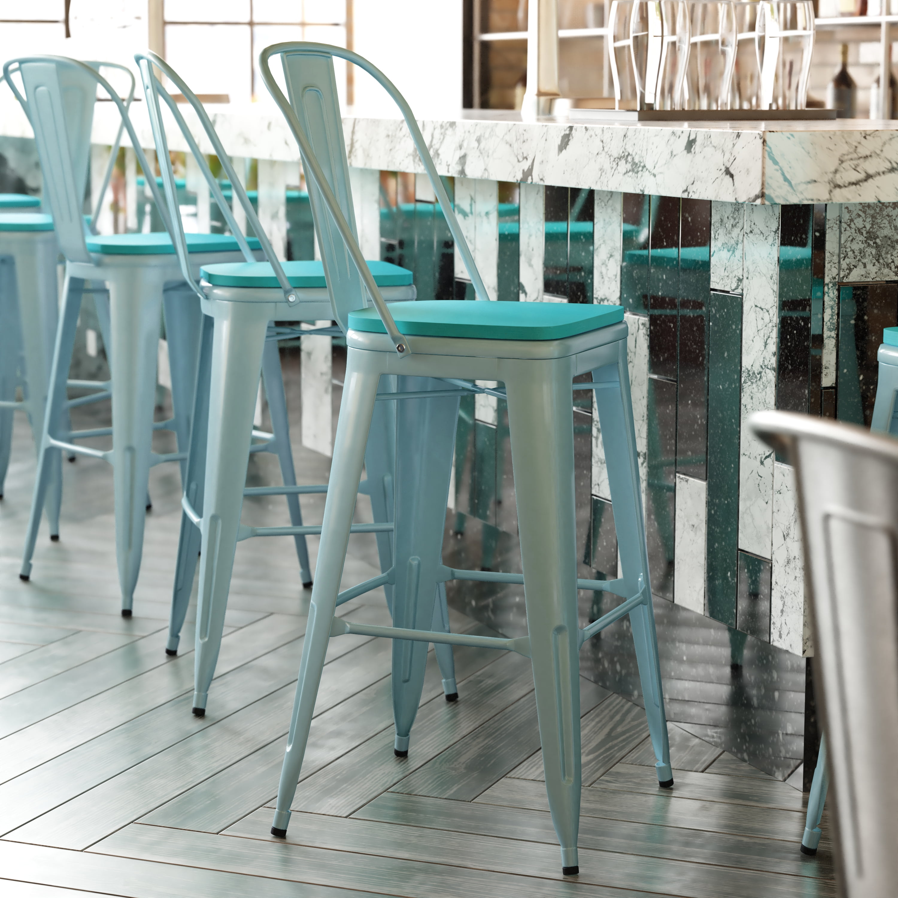 Flash Furniture Carly Commercial Grade 30" High Mint Green Metal Indoor-Outdoor Barstool with Back with Mint Green Poly Resin Wood Seat - Image 10